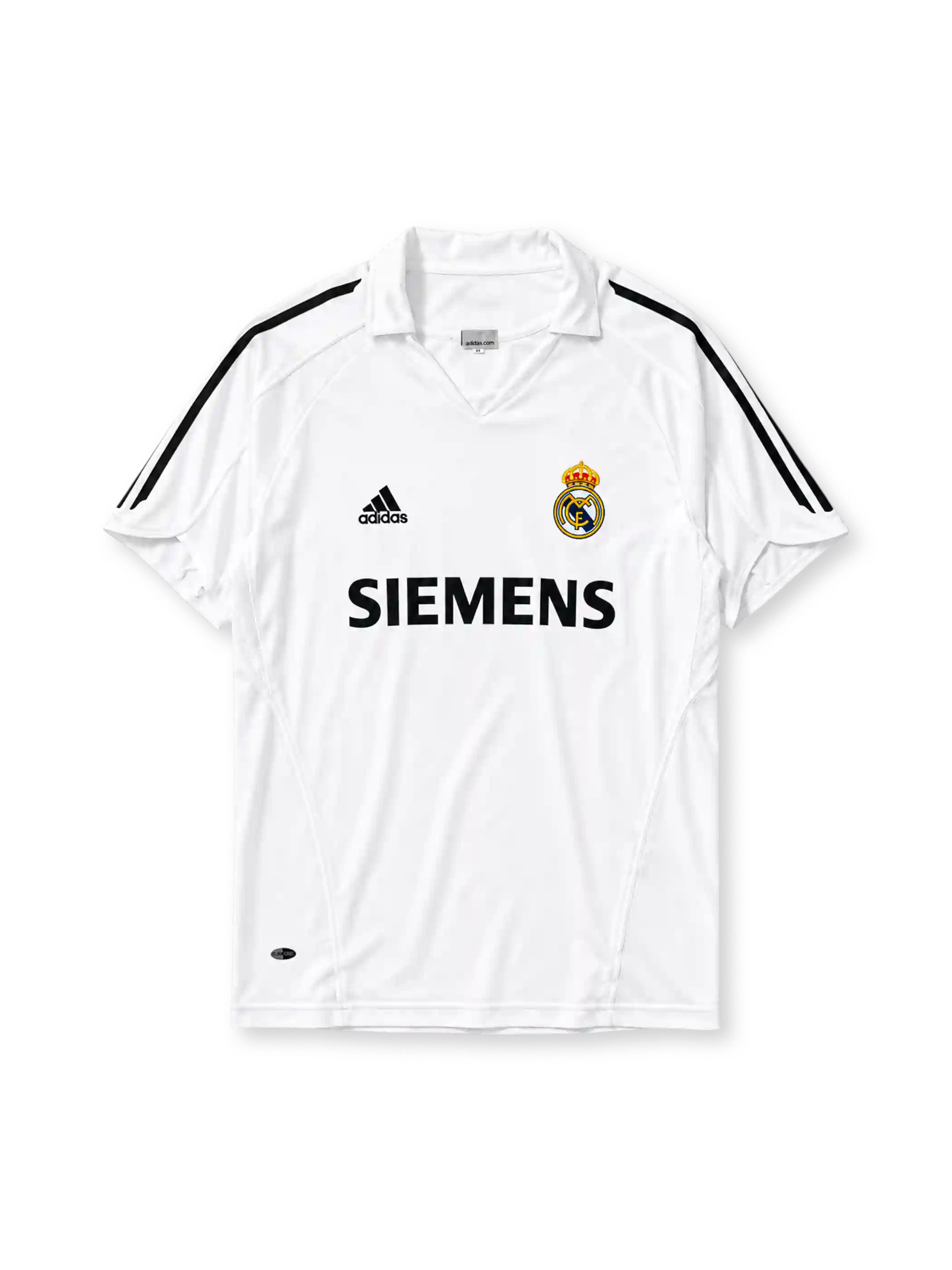 Real Madrid 2005-06 home jersey, front view, white body with black adidas three-stripe shoulder detailing, point collar, adidas logo, club crest, Siemens sponsor logo