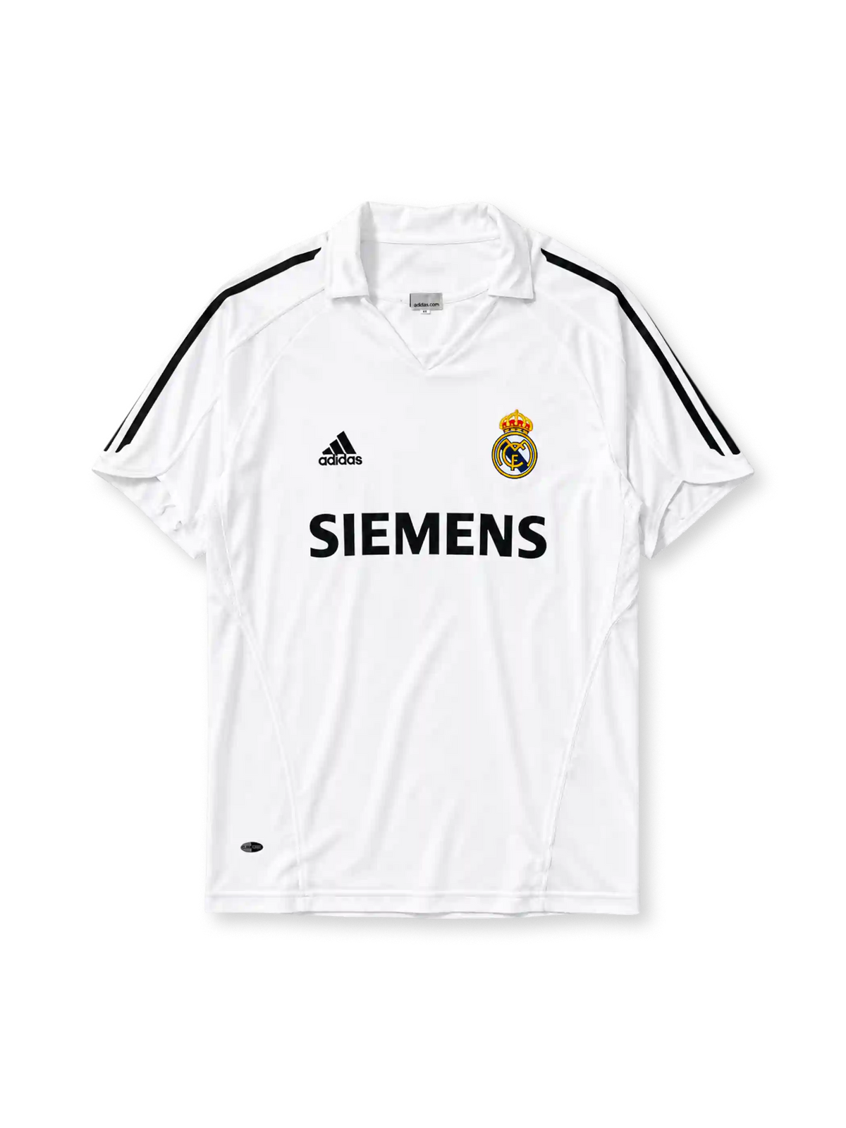Real Madrid 2005-06 home jersey, front view, white body with black adidas three-stripe shoulder detailing, point collar, adidas logo, club crest, Siemens sponsor logo