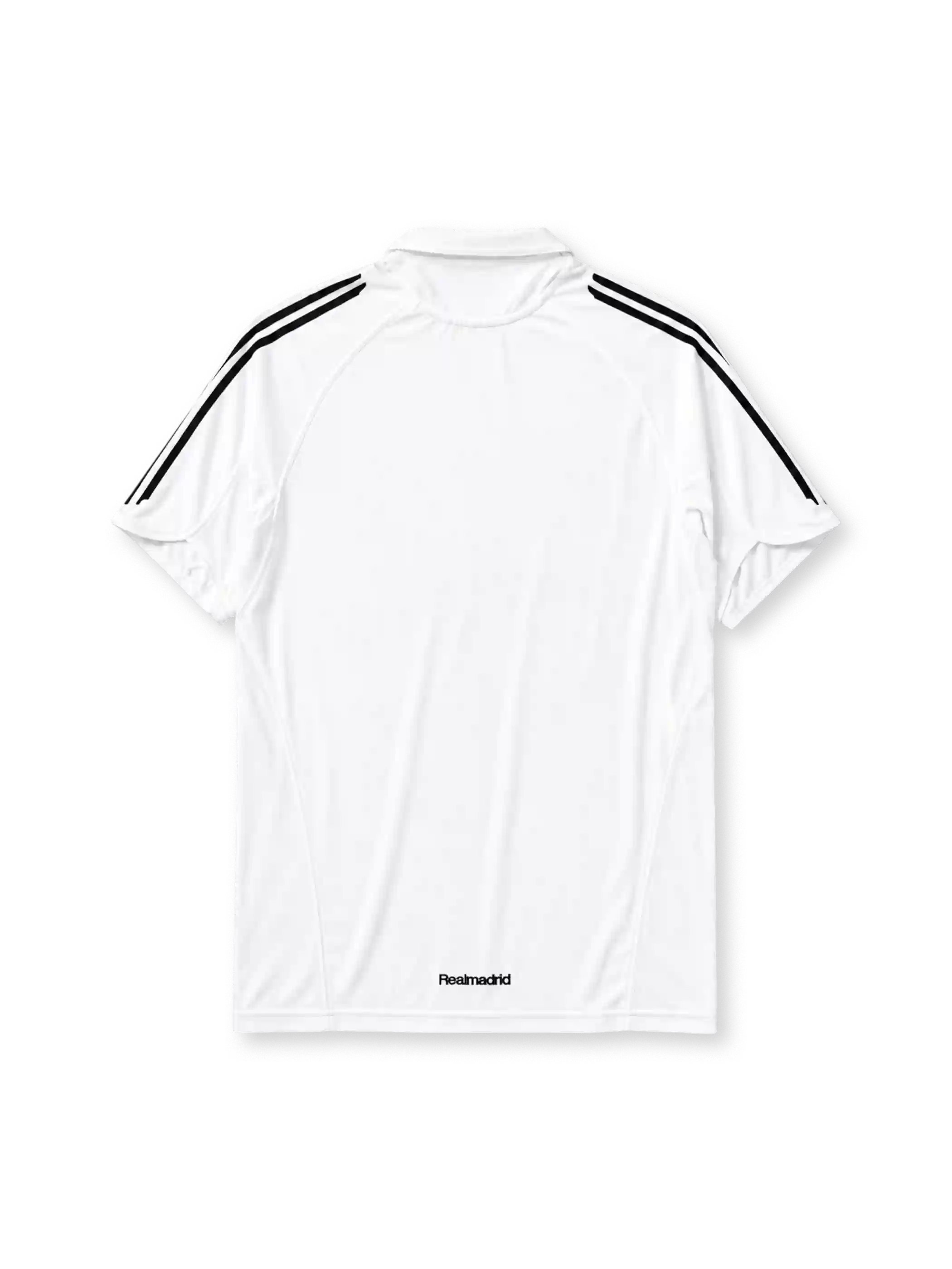 Real Madrid 2005-06 home jersey, front view, white body with black adidas three-stripe shoulder detailing, point collar, adidas logo, club crest, Siemens sponsor logo