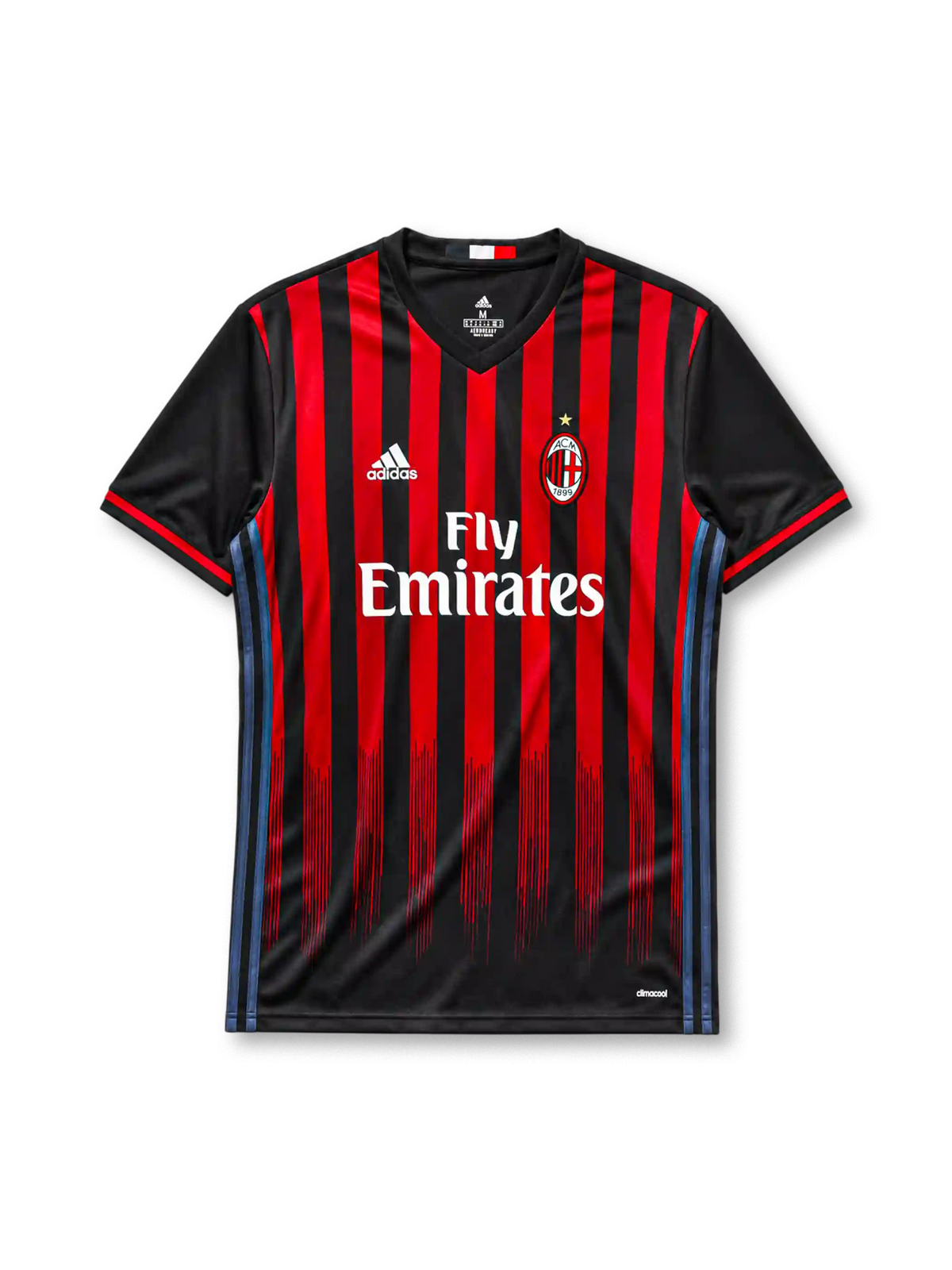 AC Milan 2016-17 home jersey, front view, red and black vertical stripes with fading drip effect, black V-neck collar with Italian flag tab, adidas wordmark, club crest, Fly Emirates sponsor logo