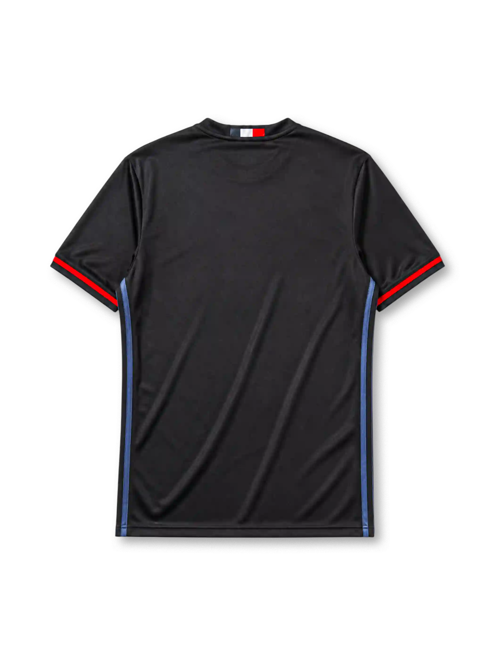 AC Milan 2016-17 home jersey, front view, red and black vertical stripes with fading drip effect, black V-neck collar with Italian flag tab, adidas wordmark, club crest, Fly Emirates sponsor logo