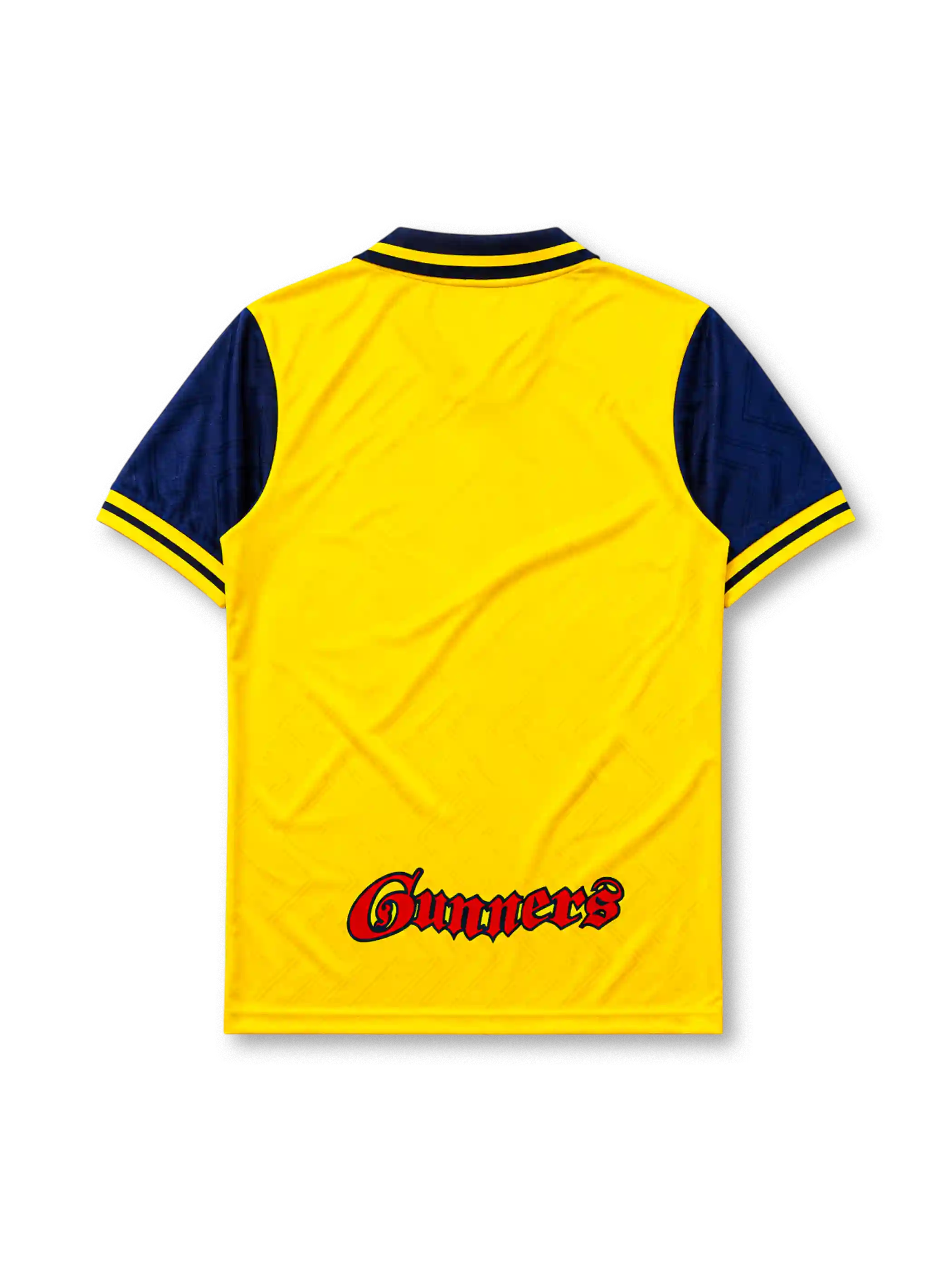 Arsenal 1996-97 away jersey, front view, yellow body with navy sleeves, point collar with Arsenal FC text, Nike swoosh logo, club crest, JVC sponsor logo