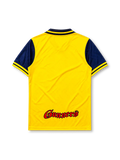 Arsenal 1996-97 away jersey, front view, yellow body with navy sleeves, point collar with Arsenal FC text, Nike swoosh logo, club crest, JVC sponsor logo