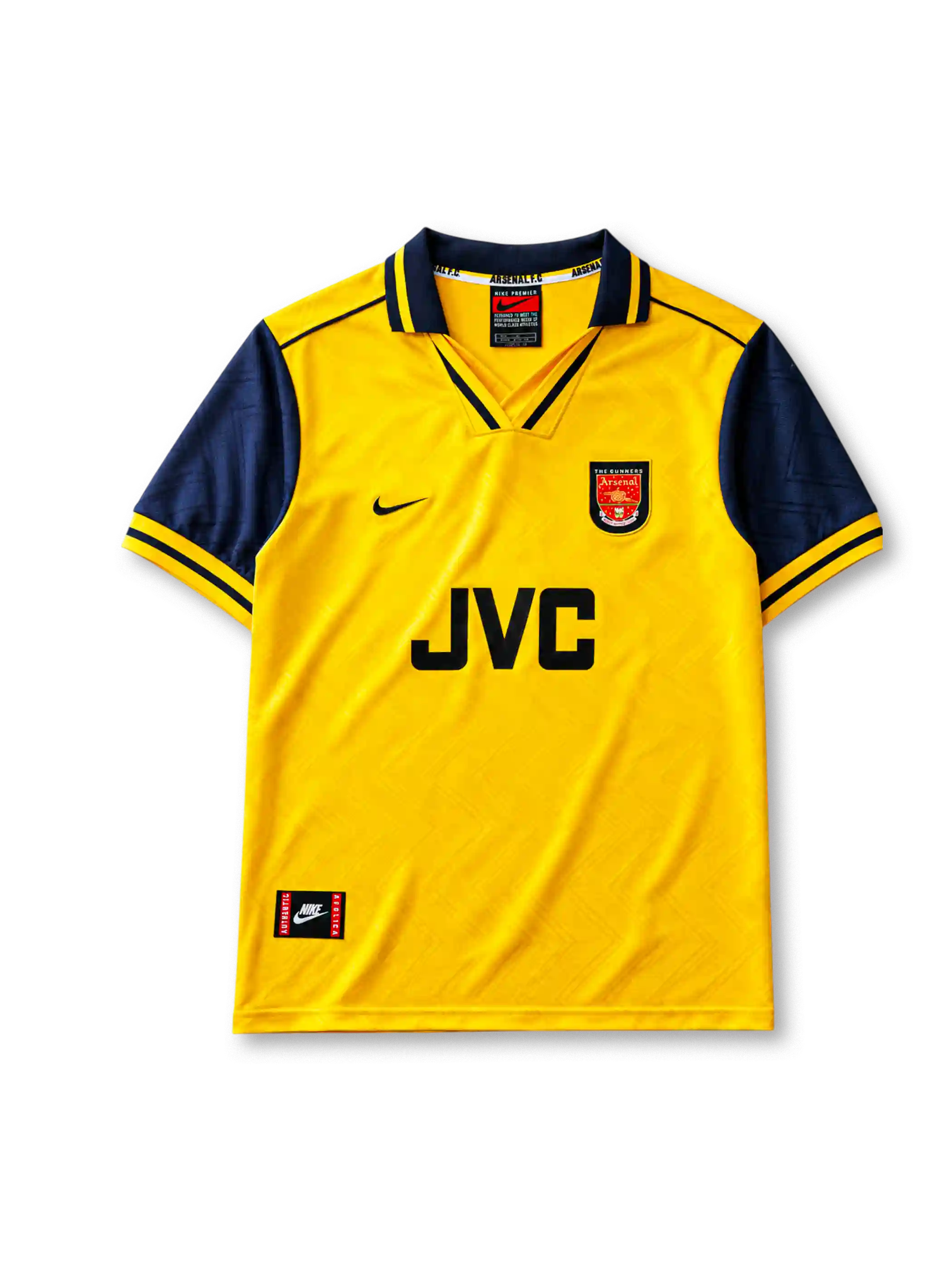 Arsenal 1996-97 away jersey, front view, yellow body with navy sleeves, point collar with Arsenal FC text, Nike swoosh logo, club crest, JVC sponsor logo