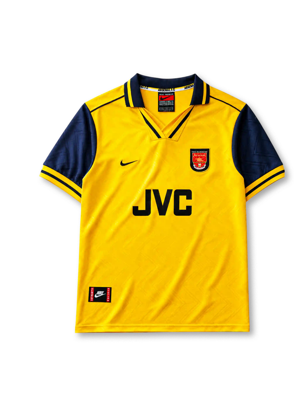 Arsenal 1996-97 away jersey, front view, yellow body with navy sleeves, point collar with Arsenal FC text, Nike swoosh logo, club crest, JVC sponsor logo
