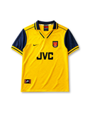 Arsenal 1996-97 away jersey, front view, yellow body with navy sleeves, point collar with Arsenal FC text, Nike swoosh logo, club crest, JVC sponsor logo