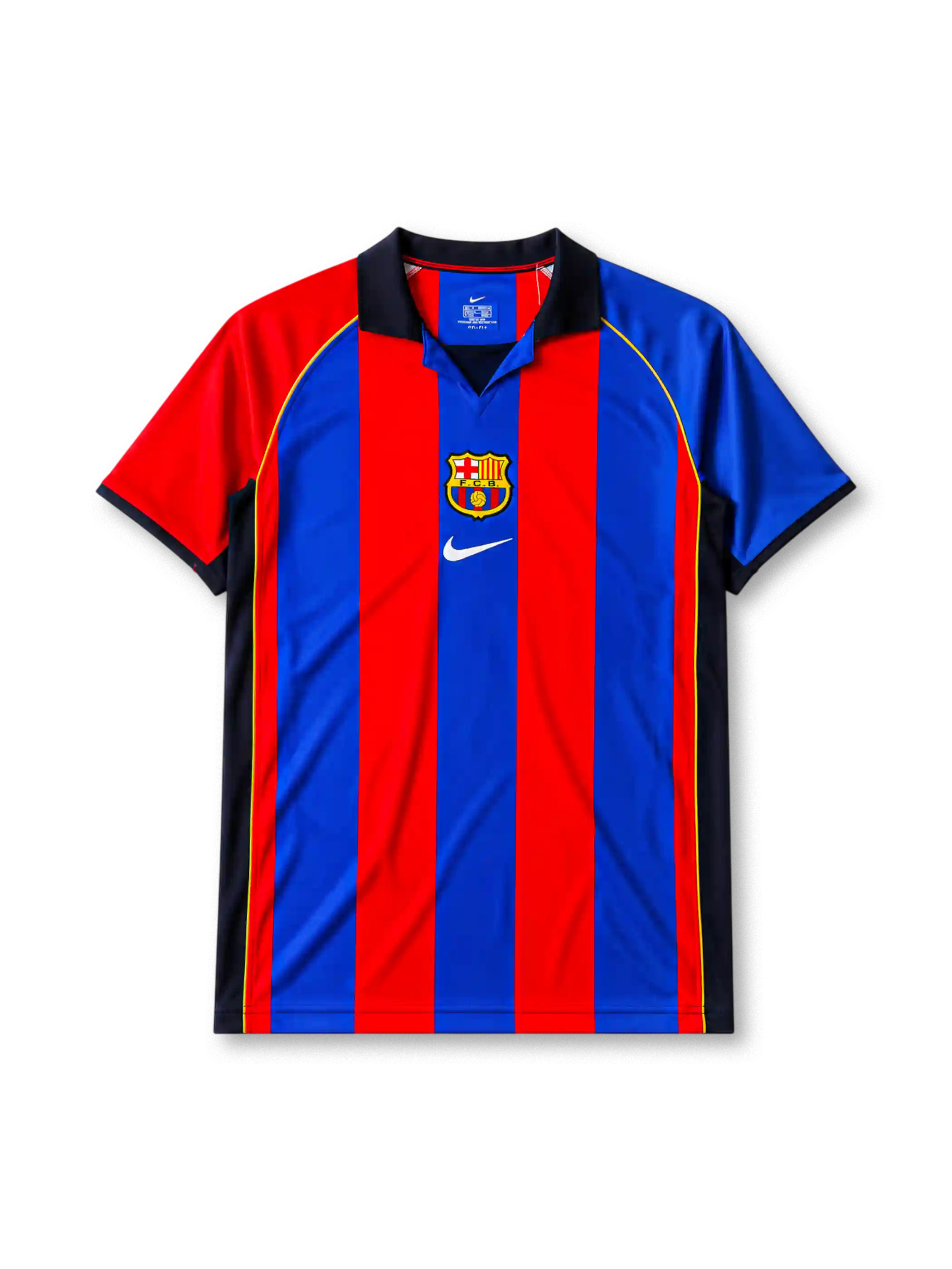 Barcelona 2001-02 home jersey, front view, blue and red vertical stripes, navy raglan sleeves with yellow piping, navy point collar, club crest, Nike swoosh logo