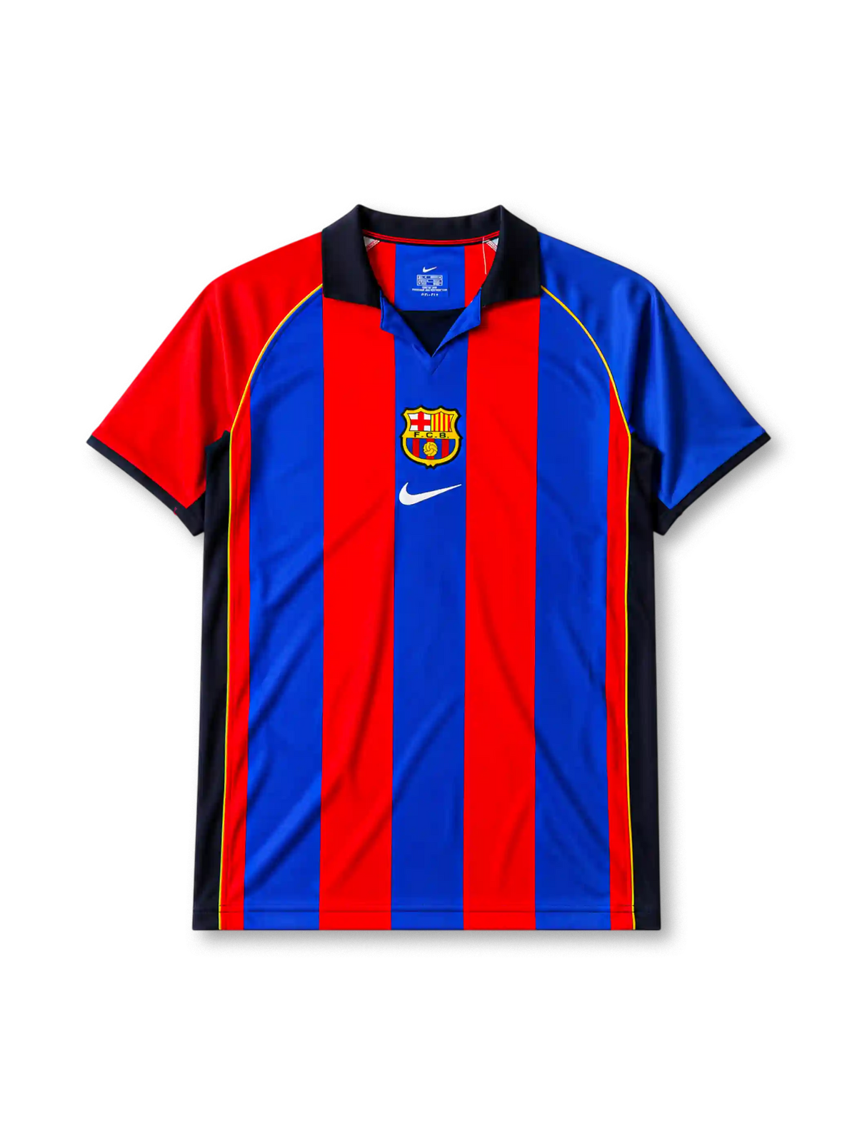 Barcelona 2001-02 home jersey, front view, blue and red vertical stripes, navy raglan sleeves with yellow piping, navy point collar, club crest, Nike swoosh logo