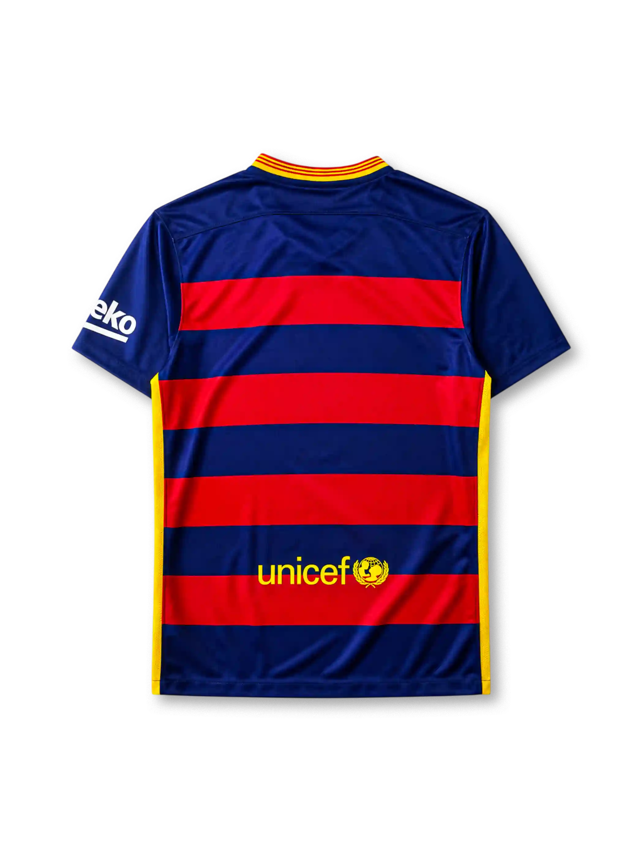 Barcelona 2015-16 home jersey, front view, navy and red horizontal hoops, V-neck collar, Nike swoosh logo, club crest, Qatar Airways sponsor logo, beIN sleeve sponsor