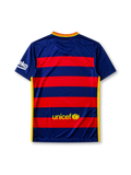 Barcelona 2015-16 home jersey, front view, navy and red horizontal hoops, V-neck collar, Nike swoosh logo, club crest, Qatar Airways sponsor logo, beIN sleeve sponsor