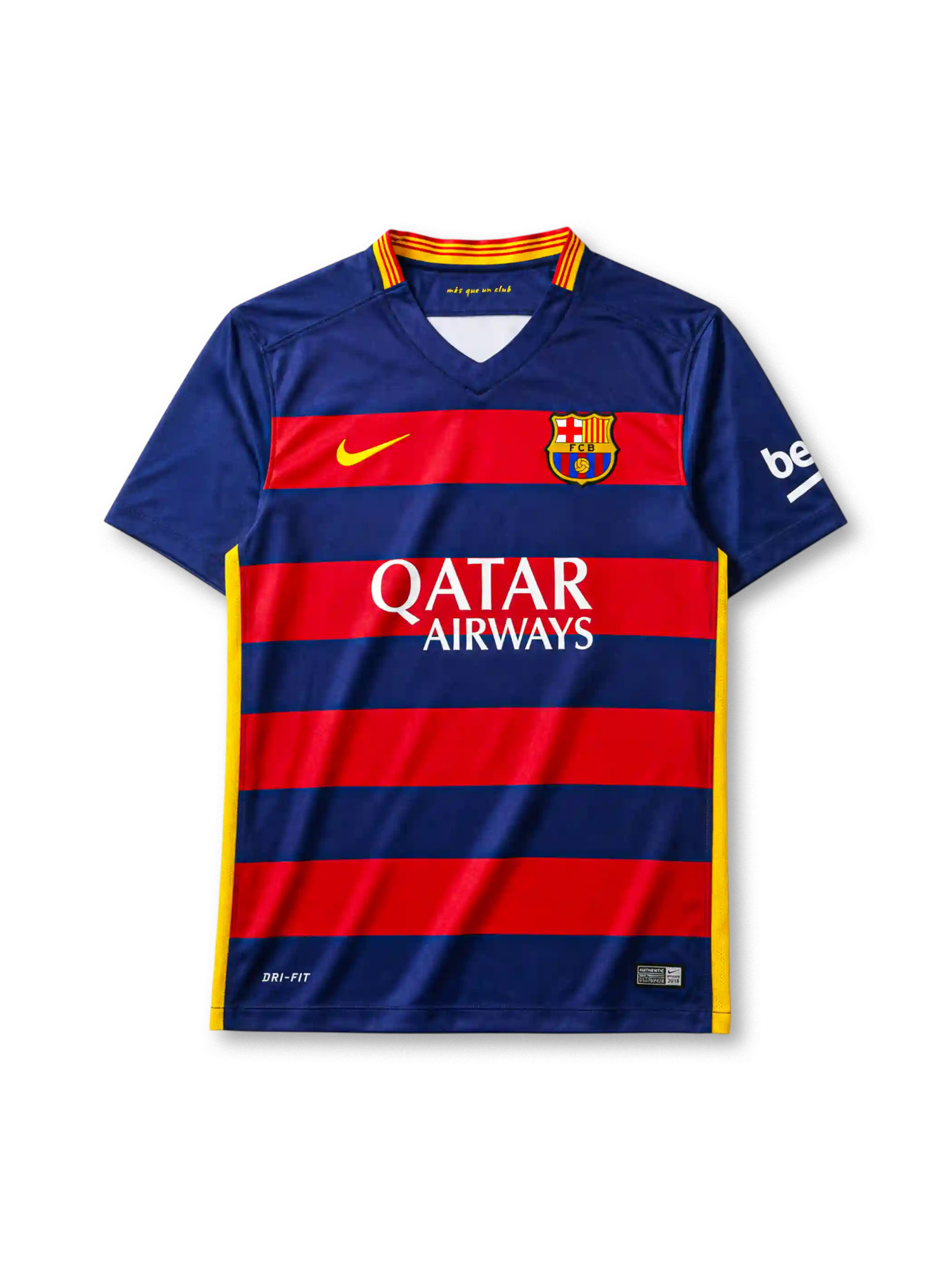 Barcelona 2015-16 home jersey, front view, navy and red horizontal hoops, V-neck collar, Nike swoosh logo, club crest, Qatar Airways sponsor logo, beIN sleeve sponsor