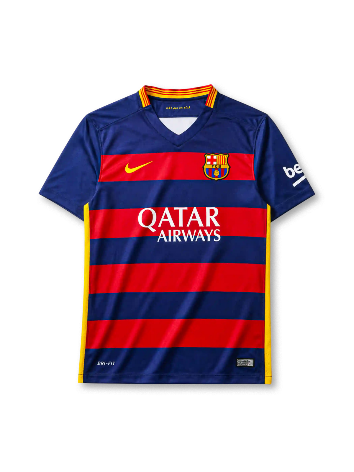 Barcelona 2015-16 home jersey, front view, navy and red horizontal hoops, V-neck collar, Nike swoosh logo, club crest, Qatar Airways sponsor logo, beIN sleeve sponsor