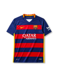 Barcelona 2015-16 home jersey, front view, navy and red horizontal hoops, V-neck collar, Nike swoosh logo, club crest, Qatar Airways sponsor logo, beIN sleeve sponsor