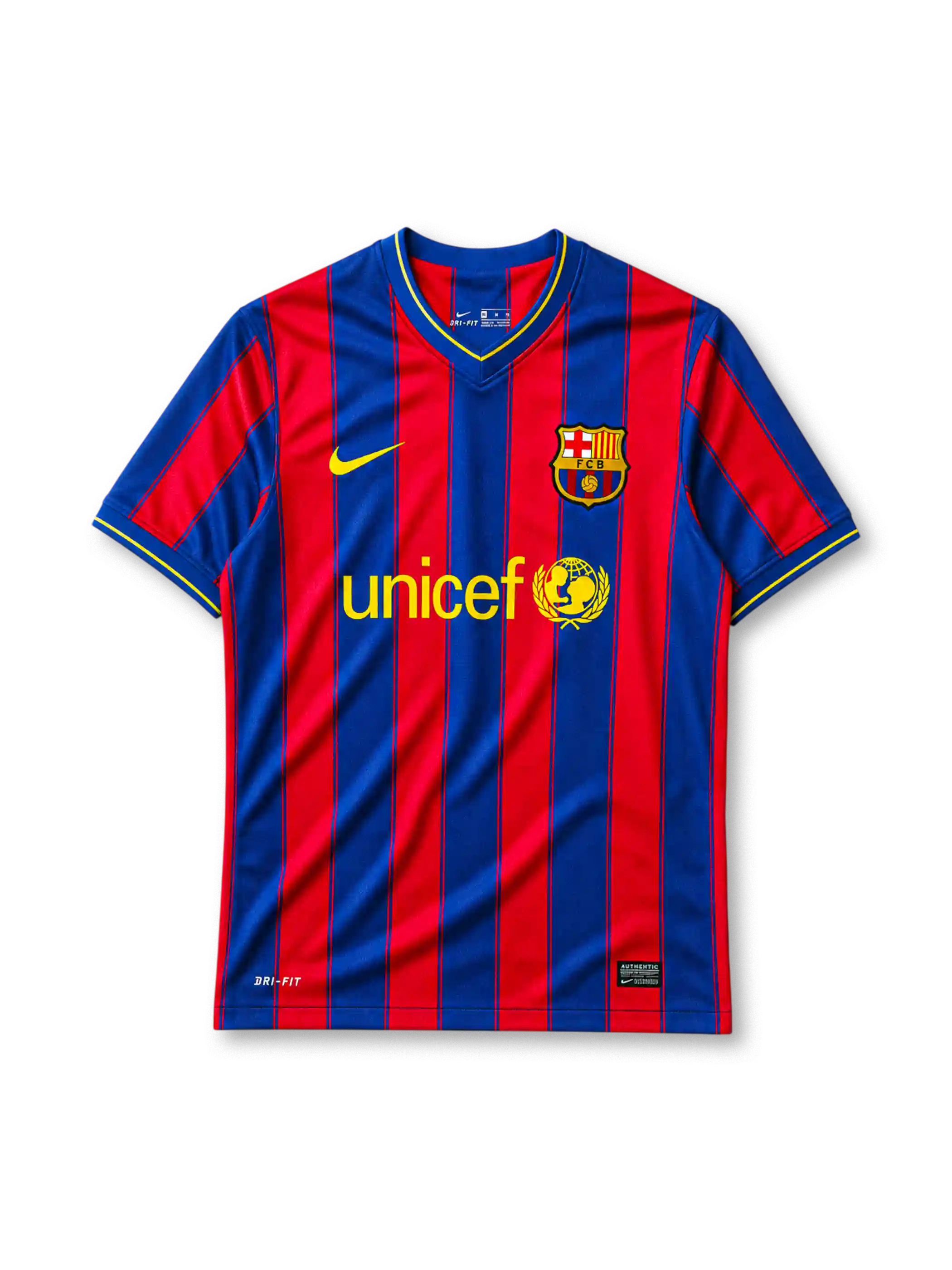 Barcelona 2009-10 home jersey, front view, blue and garnet vertical stripes, yellow-trimmed V-neck collar, white Nike swoosh, Barcelona crest, yellow unicef sponsor logo with globe emblem, yellow cuff trim