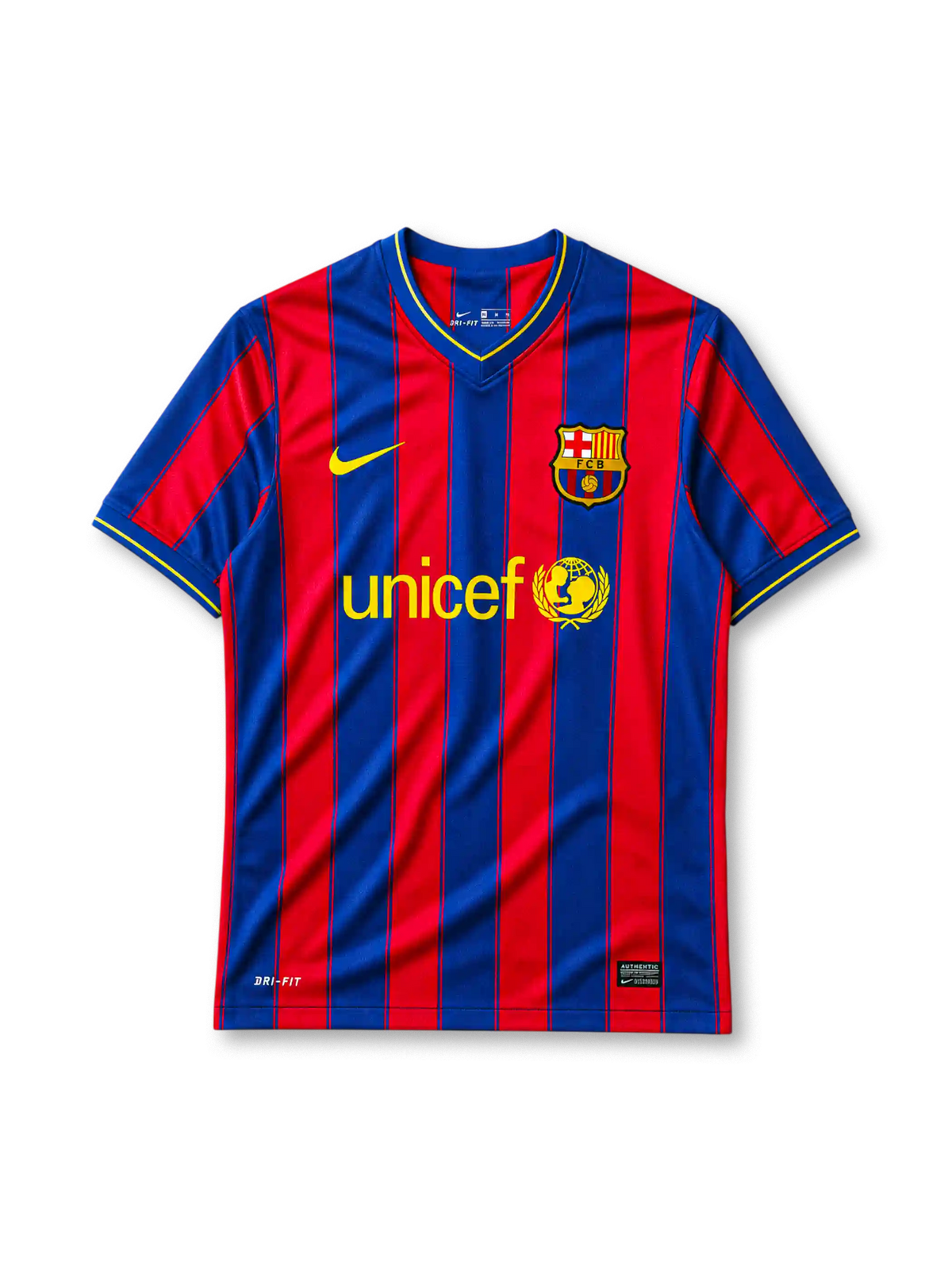 Barcelona 2009-10 home jersey, front view, blue and garnet vertical stripes, yellow-trimmed V-neck collar, white Nike swoosh, Barcelona crest, yellow unicef sponsor logo with globe emblem, yellow cuff trim