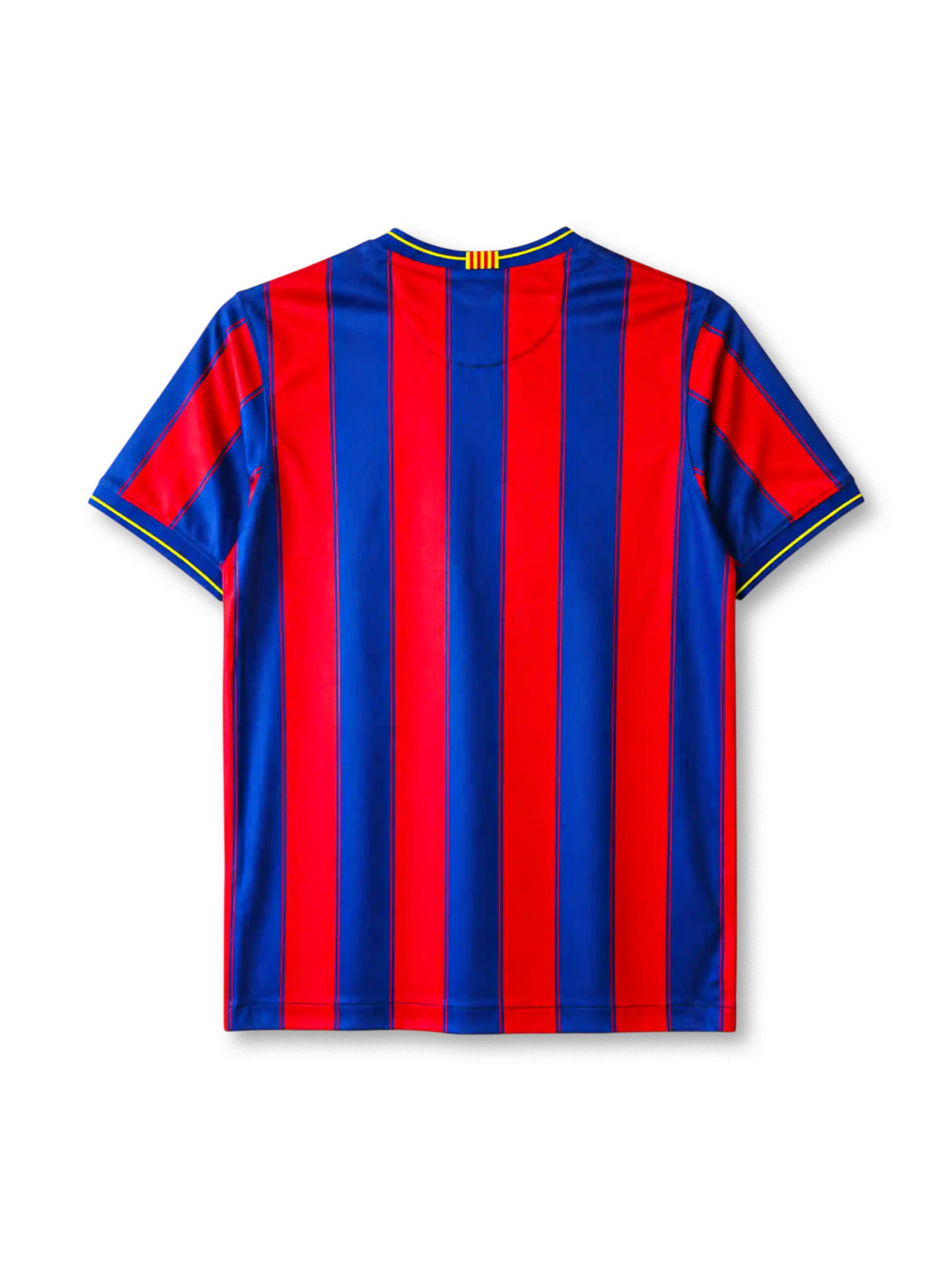 Barcelona 2009-10 home jersey, front view, blue and garnet vertical stripes, yellow-trimmed V-neck collar, white Nike swoosh, Barcelona crest, yellow unicef sponsor logo with globe emblem, yellow cuff trim