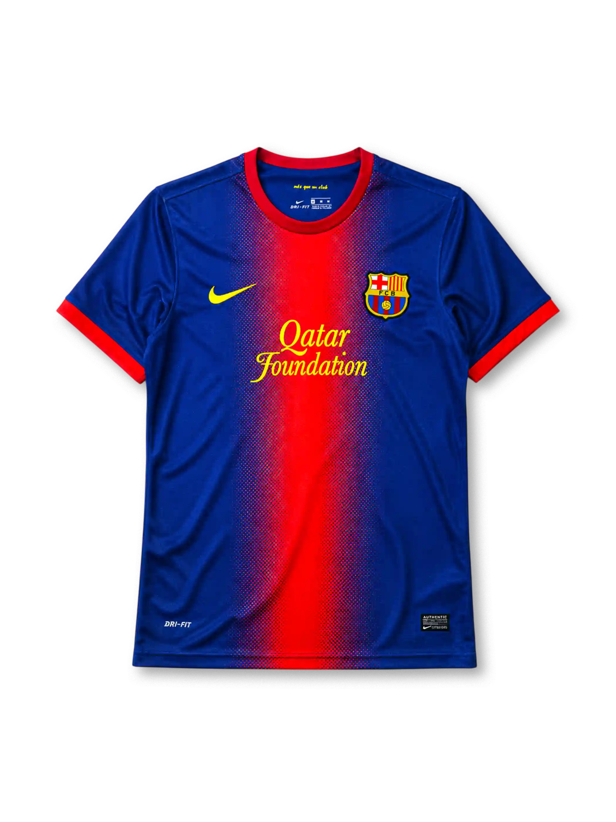 Barcelona 2012-13 home jersey, front view, blue body with red gradient center panel, red crew-neck collar, yellow Nike swoosh, Barcelona crest, yellow Qatar Foundation sponsor logo, red cuffs