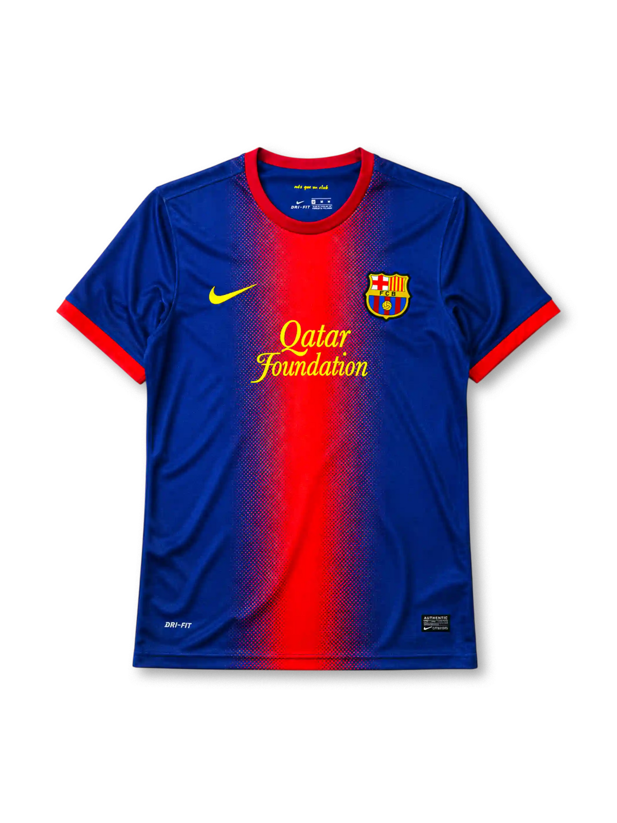 Barcelona 2012-13 home jersey, front view, blue body with red gradient center panel, red crew-neck collar, yellow Nike swoosh, Barcelona crest, yellow Qatar Foundation sponsor logo, red cuffs