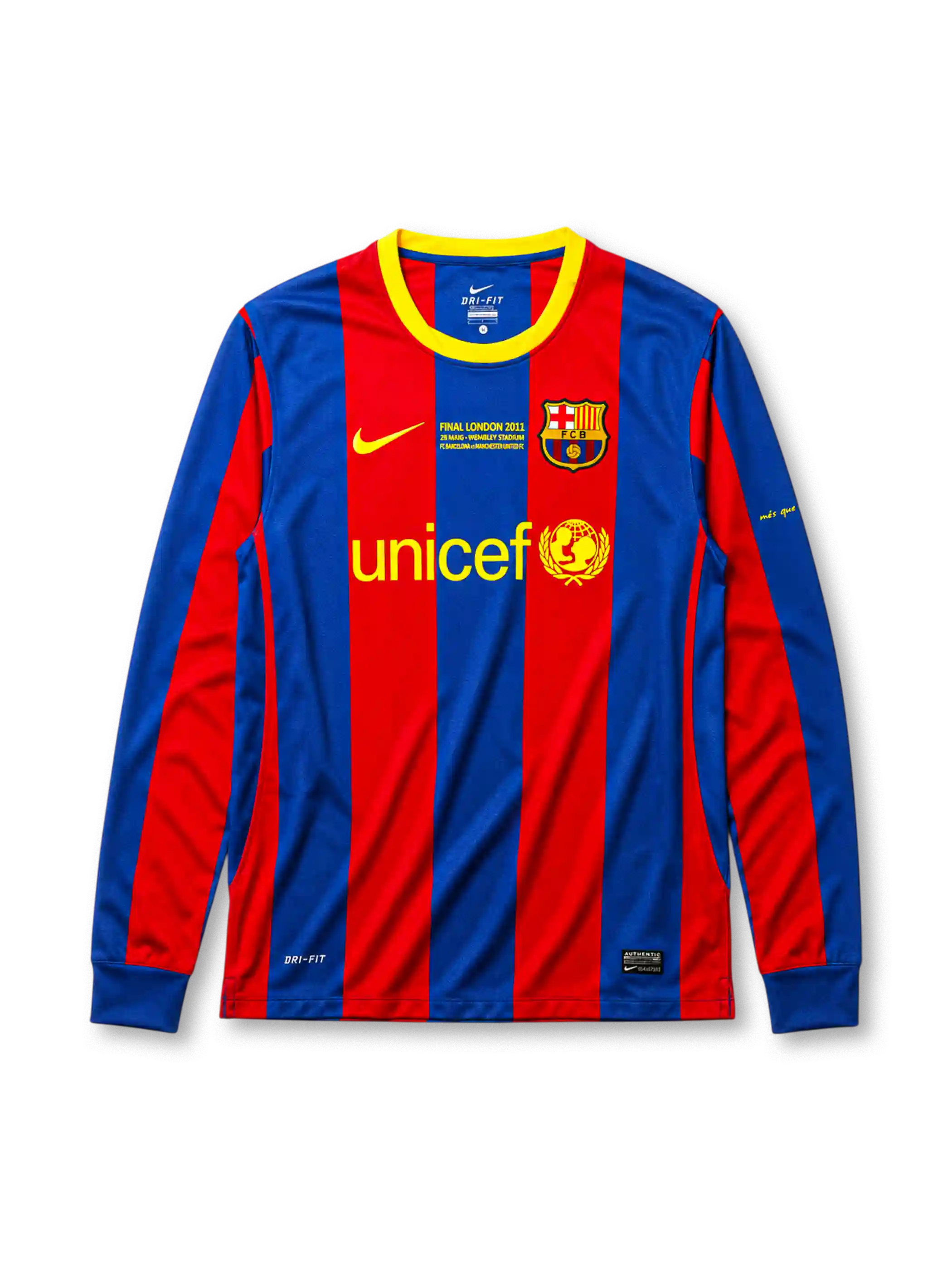 Barcelona 2010-11 home long-sleeve jersey, front view, blue and garnet vertical stripes, yellow-trimmed crew-neck collar, yellow Nike swoosh, Final London 2011 commemorative text, Barcelona crest, yellow unicef sponsor logo, Catalan motto text on sleeve