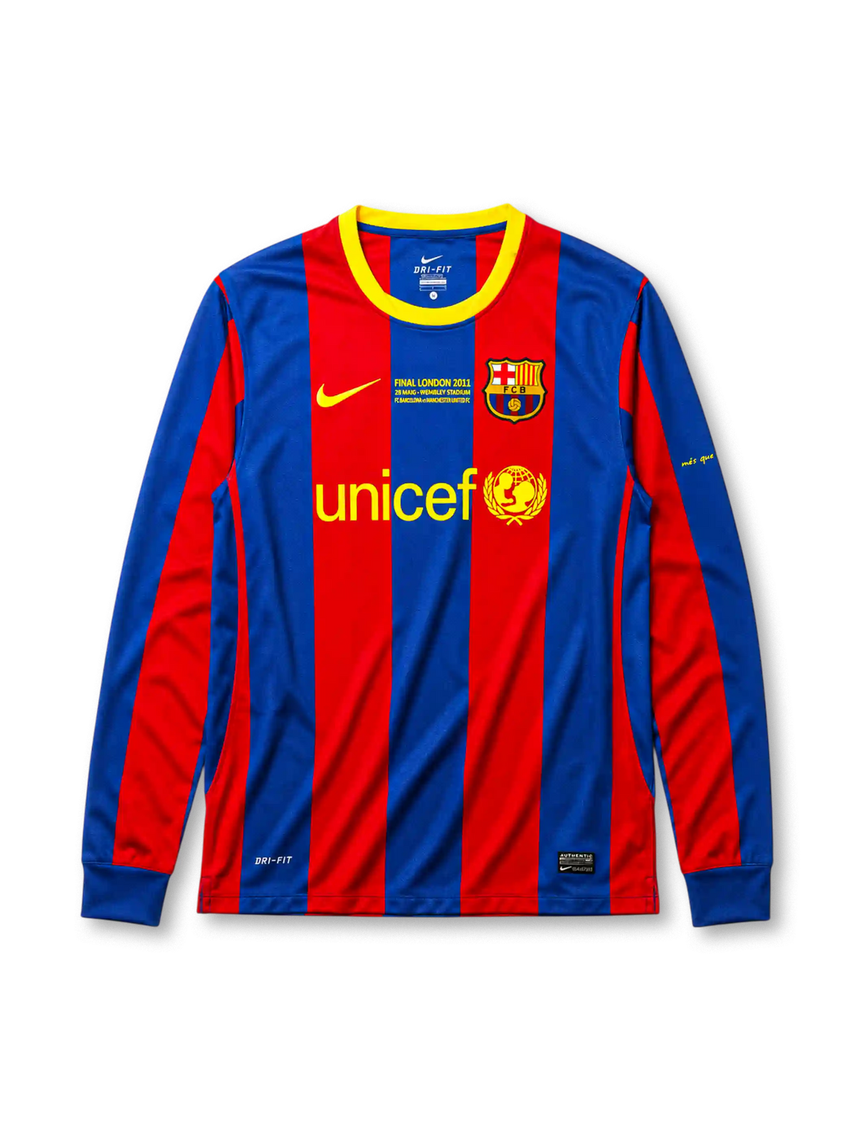 Barcelona 2010-11 home long-sleeve jersey, front view, blue and garnet vertical stripes, yellow-trimmed crew-neck collar, yellow Nike swoosh, Final London 2011 commemorative text, Barcelona crest, yellow unicef sponsor logo, Catalan motto text on sleeve
