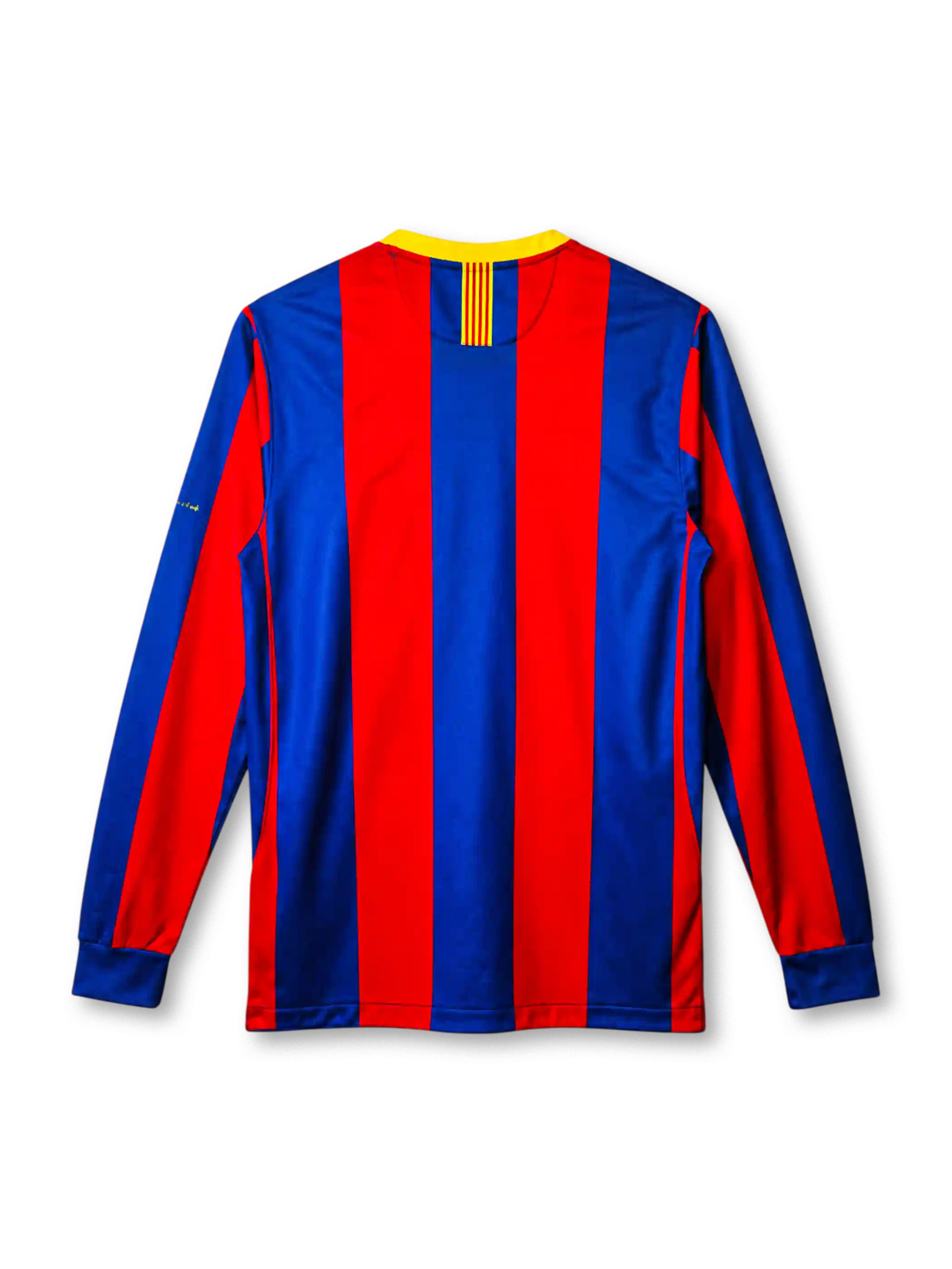 Barcelona 2010-11 home long-sleeve jersey, front view, blue and garnet vertical stripes, yellow-trimmed crew-neck collar, yellow Nike swoosh, Final London 2011 commemorative text, Barcelona crest, yellow unicef sponsor logo, Catalan motto text on sleeve