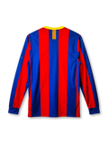 Barcelona 2010-11 home long-sleeve jersey, front view, blue and garnet vertical stripes, yellow-trimmed crew-neck collar, yellow Nike swoosh, Final London 2011 commemorative text, Barcelona crest, yellow unicef sponsor logo, Catalan motto text on sleeve