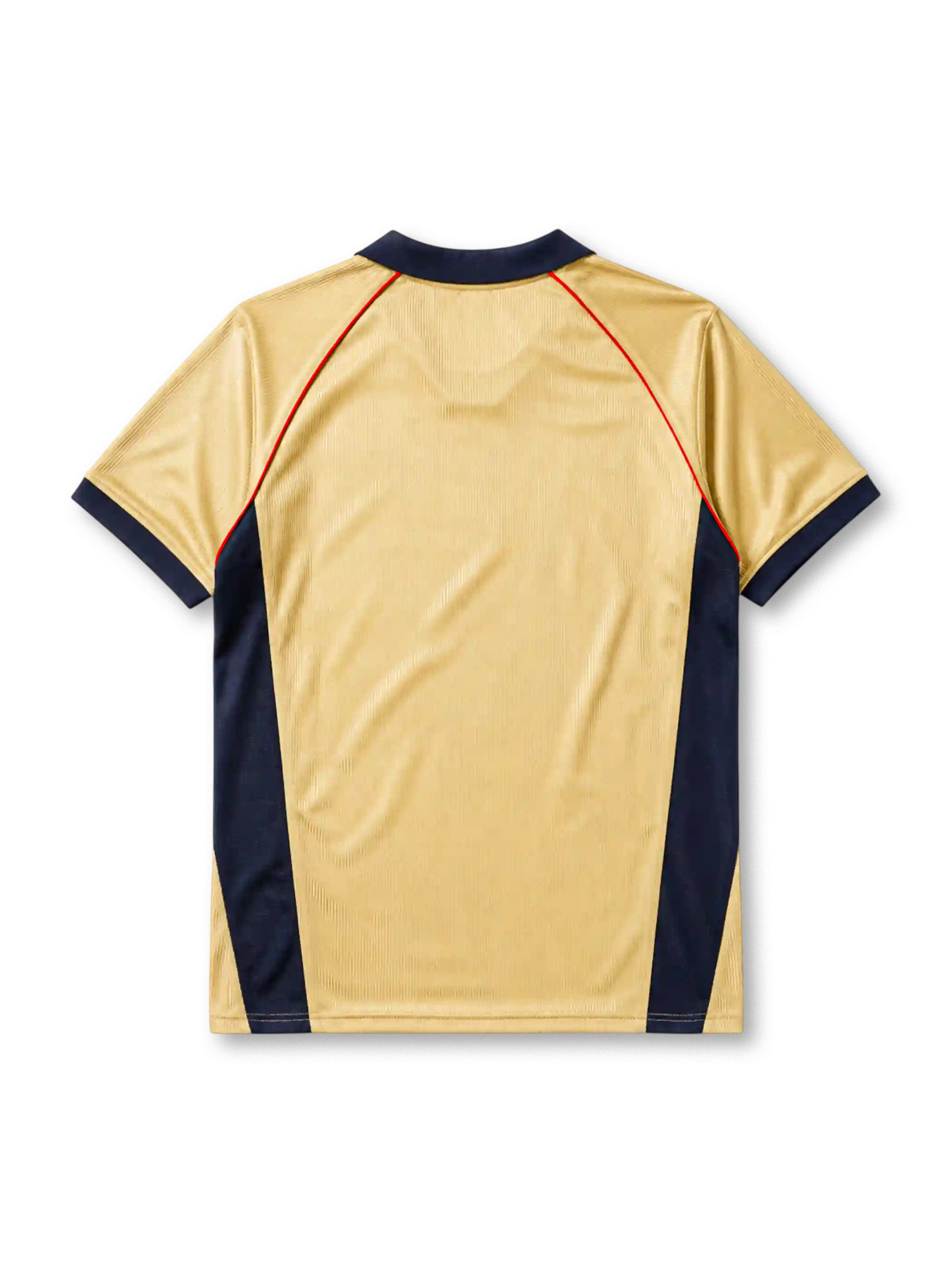 Arsenal 2001-02 away jersey, front view, gold body with navy side panels and red piping, navy V-neck collar, white Nike swoosh, Arsenal shield crest with cannon, navy Sega sponsor logo, navy cuffs