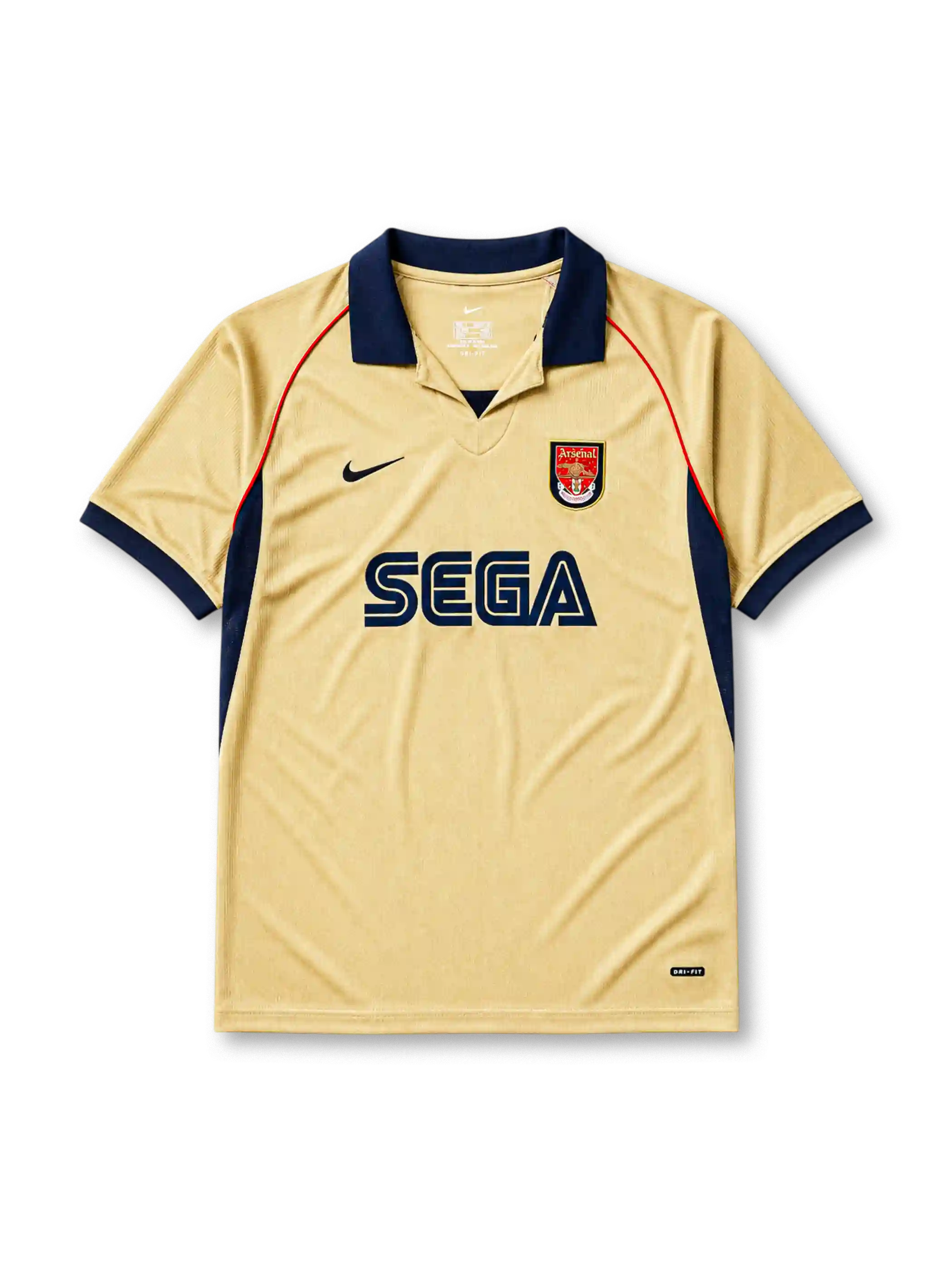 Arsenal 2001-02 away jersey, front view, gold body with navy side panels and red piping, navy V-neck collar, white Nike swoosh, Arsenal shield crest with cannon, navy Sega sponsor logo, navy cuffs