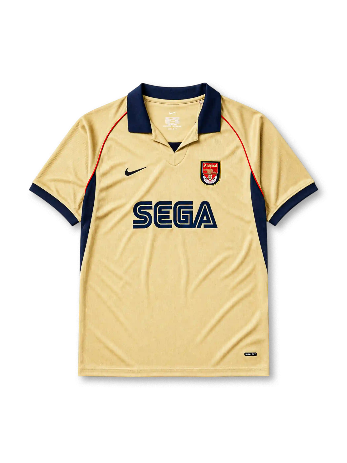 Arsenal 2001-02 away jersey, front view, gold body with navy side panels and red piping, navy V-neck collar, white Nike swoosh, Arsenal shield crest with cannon, navy Sega sponsor logo, navy cuffs