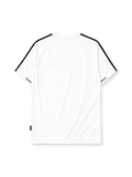 Real Madrid 2003-04 home jersey, front view, white body, black V-neck collar with button placket, black adidas logo and stripes, Real Madrid crest with crown, black and red Siemens mobile sponsor logo