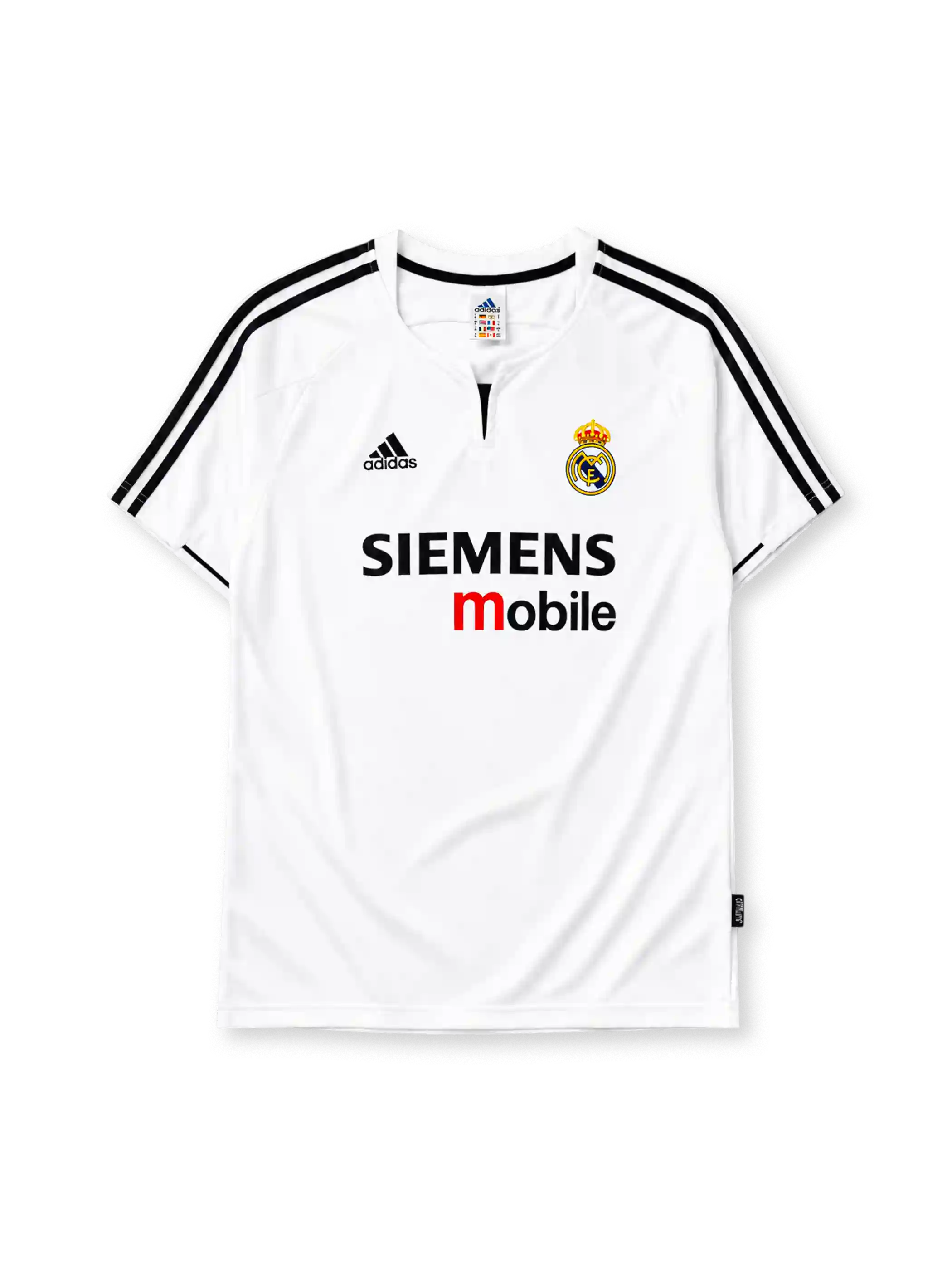 Real Madrid 2003-04 home jersey, front view, white body, black V-neck collar with button placket, black adidas logo and stripes, Real Madrid crest with crown, black and red Siemens mobile sponsor logo