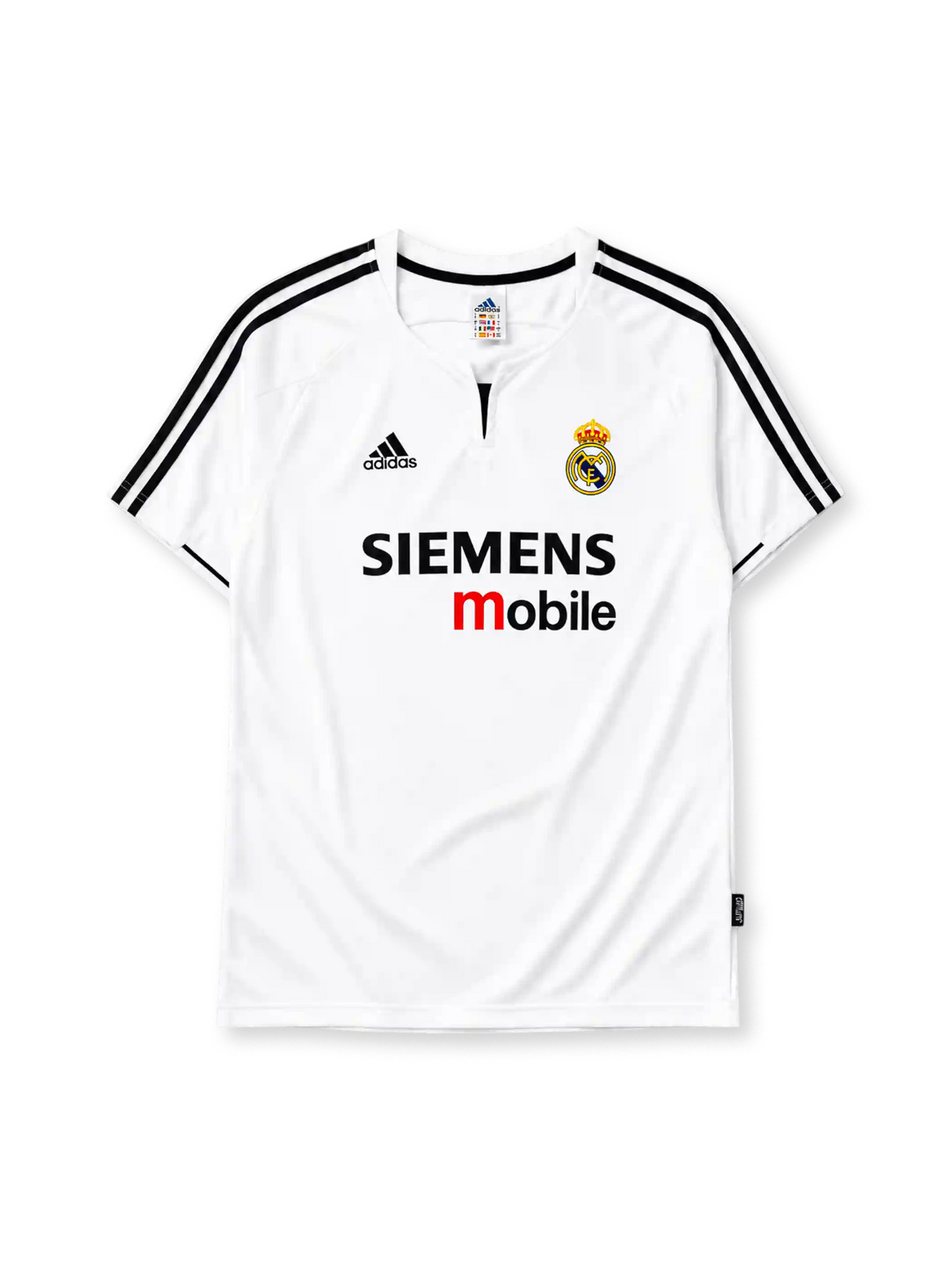 Real Madrid 2003-04 home jersey, front view, white body, black V-neck collar with button placket, black adidas logo and stripes, Real Madrid crest with crown, black and red Siemens mobile sponsor logo
