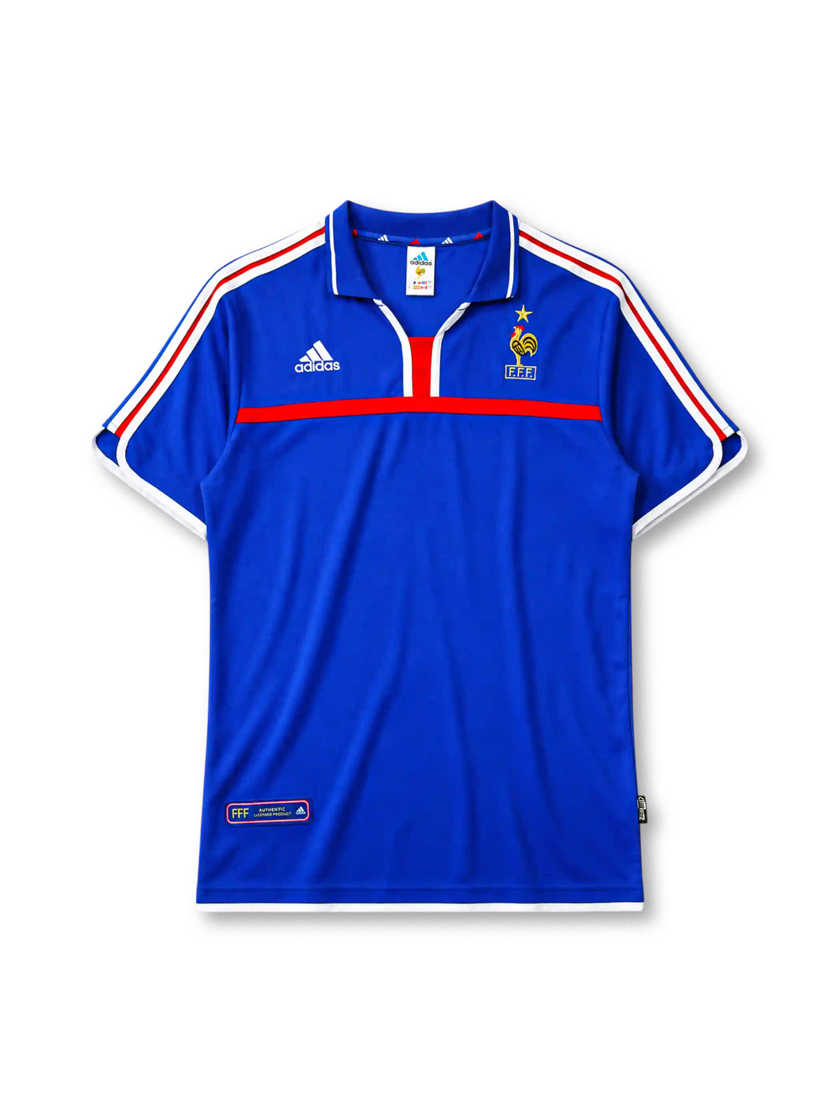 France 2000 home jersey, front view, royal blue body with white and red tricolor adidas stripes, blue polo-style collar with red placket accent, gold F.F.F. rooster crest with star, red chest band, FFF authentic product tag near hem