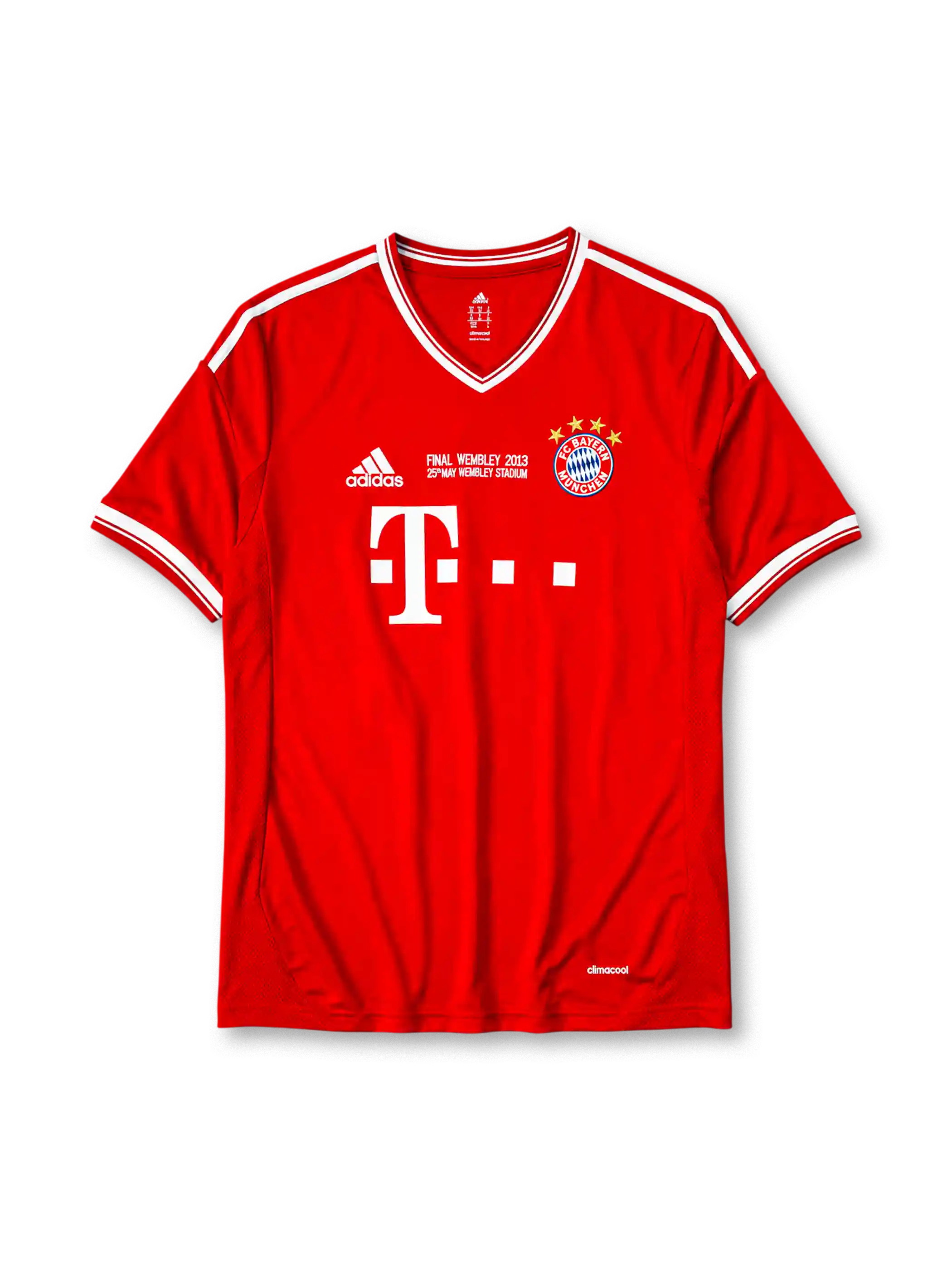 Bayern Munich 2013-14 home jersey, front view, red body with white V-neck collar and shoulder stripes, black adidas logo, Final Wembley 2013 commemorative text, FC Bayern Munchen crest with four stars, white T Deutsche Telekom sponsor logo
