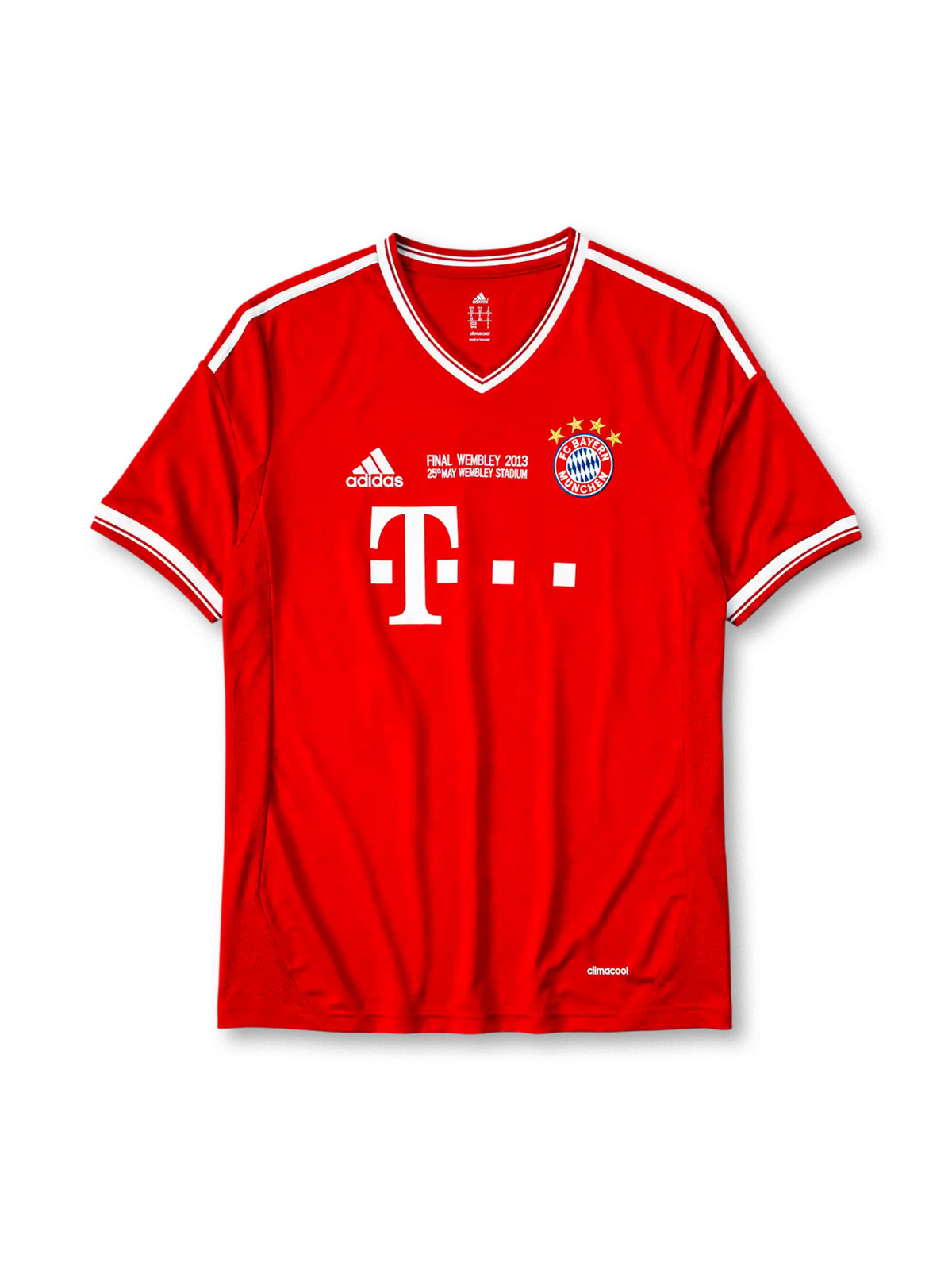 Bayern Munich 2013-14 home jersey, front view, red body with white V-neck collar and shoulder stripes, black adidas logo, Final Wembley 2013 commemorative text, FC Bayern Munchen crest with four stars, white T Deutsche Telekom sponsor logo