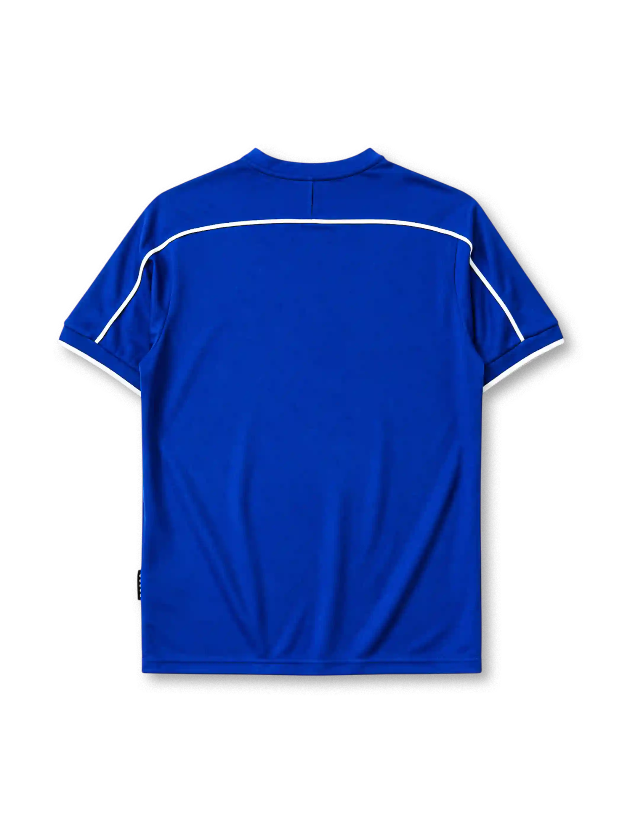 Brazil 1998 away jersey, front view, blue body with white raglan shoulder panels, white crew-neck collar with blue trim, red Nike swoosh, CBF crest with four stars, Brasil text beneath crest