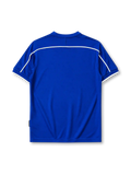 Brazil 1998 away jersey, front view, blue body with white raglan shoulder panels, white crew-neck collar with blue trim, red Nike swoosh, CBF crest with four stars, Brasil text beneath crest