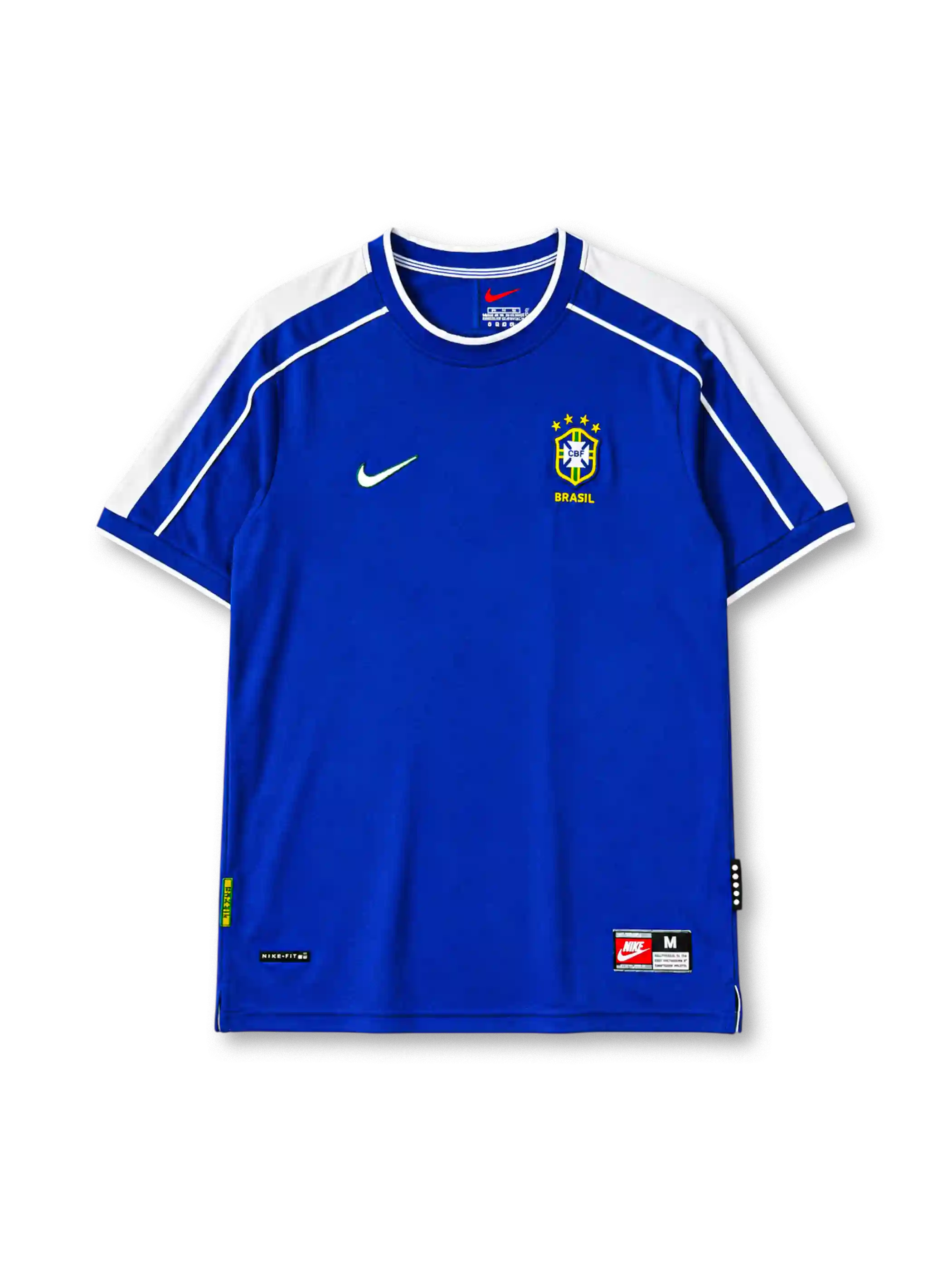 Brazil 1998 away jersey, front view, blue body with white raglan shoulder panels, white crew-neck collar with blue trim, red Nike swoosh, CBF crest with four stars, Brasil text beneath crest