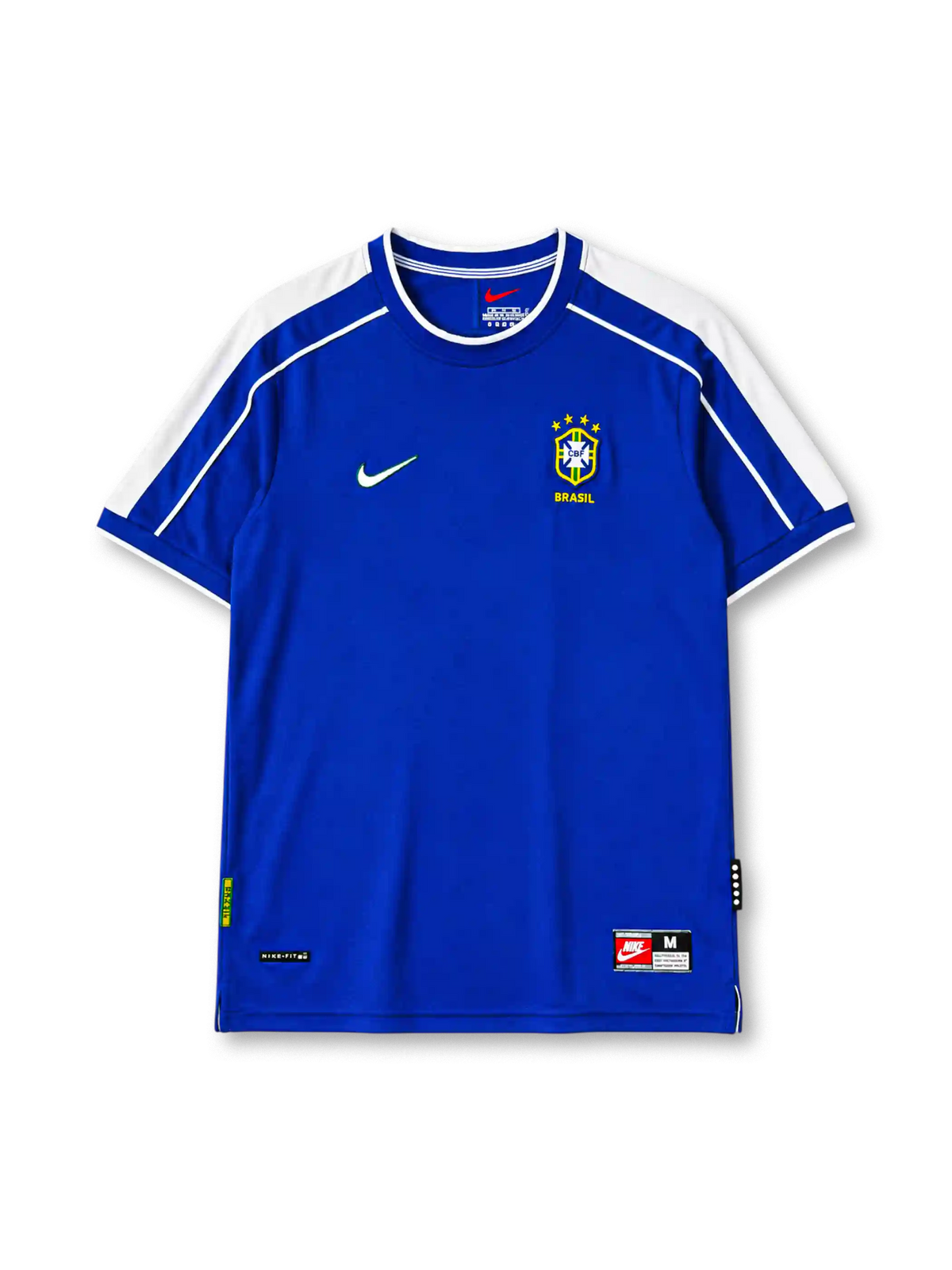 Brazil 1998 away jersey, front view, blue body with white raglan shoulder panels, white crew-neck collar with blue trim, red Nike swoosh, CBF crest with four stars, Brasil text beneath crest