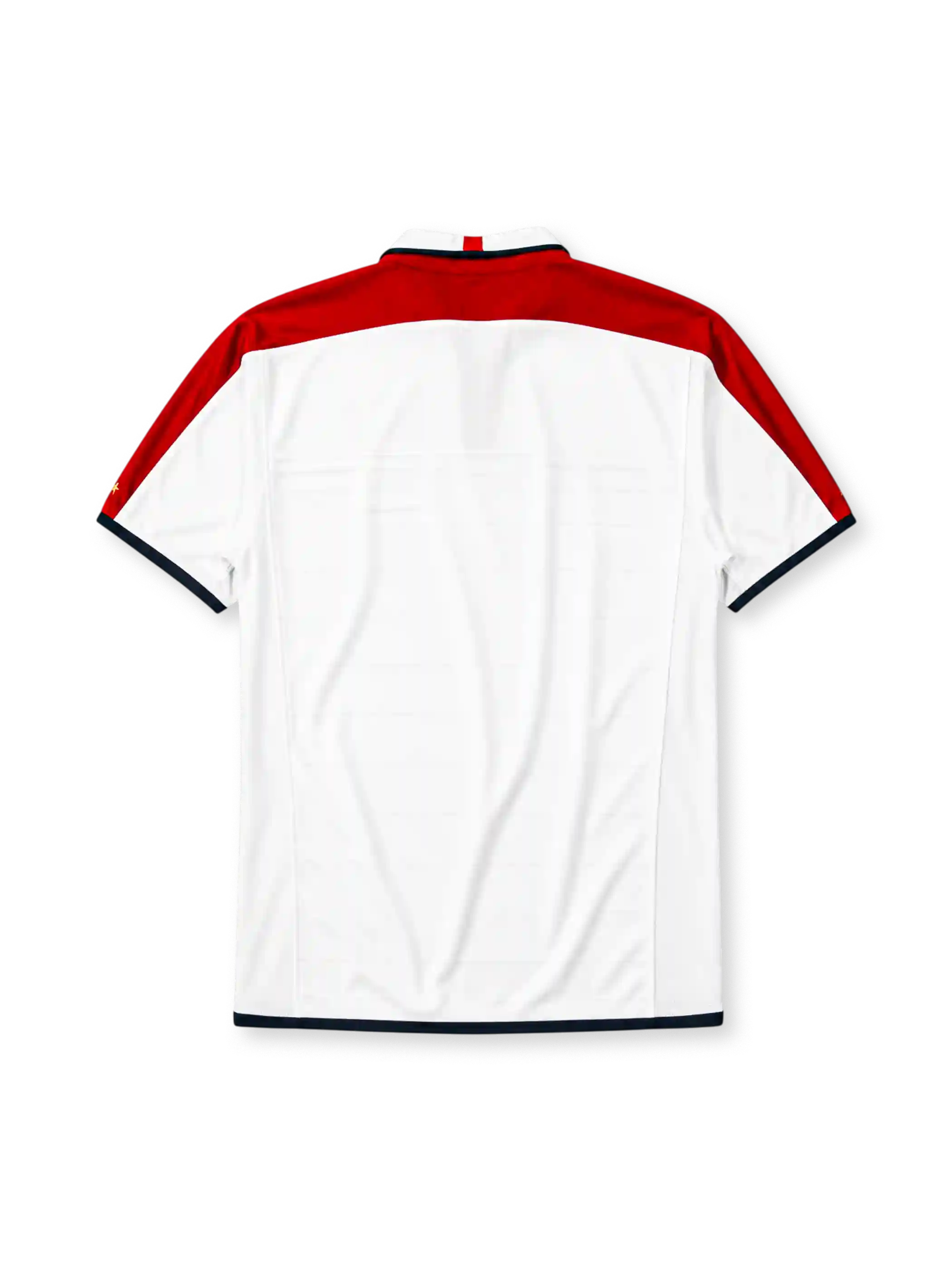 England 2004 home jersey, front view, white body with red shoulder stripes, white polo-style collar with red placket and navy trim, England text label, Three Lions crest, black Umbro diamond logo, navy trimmed cuffs