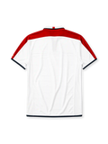 England 2004 home jersey, front view, white body with red shoulder stripes, white polo-style collar with red placket and navy trim, England text label, Three Lions crest, black Umbro diamond logo, navy trimmed cuffs