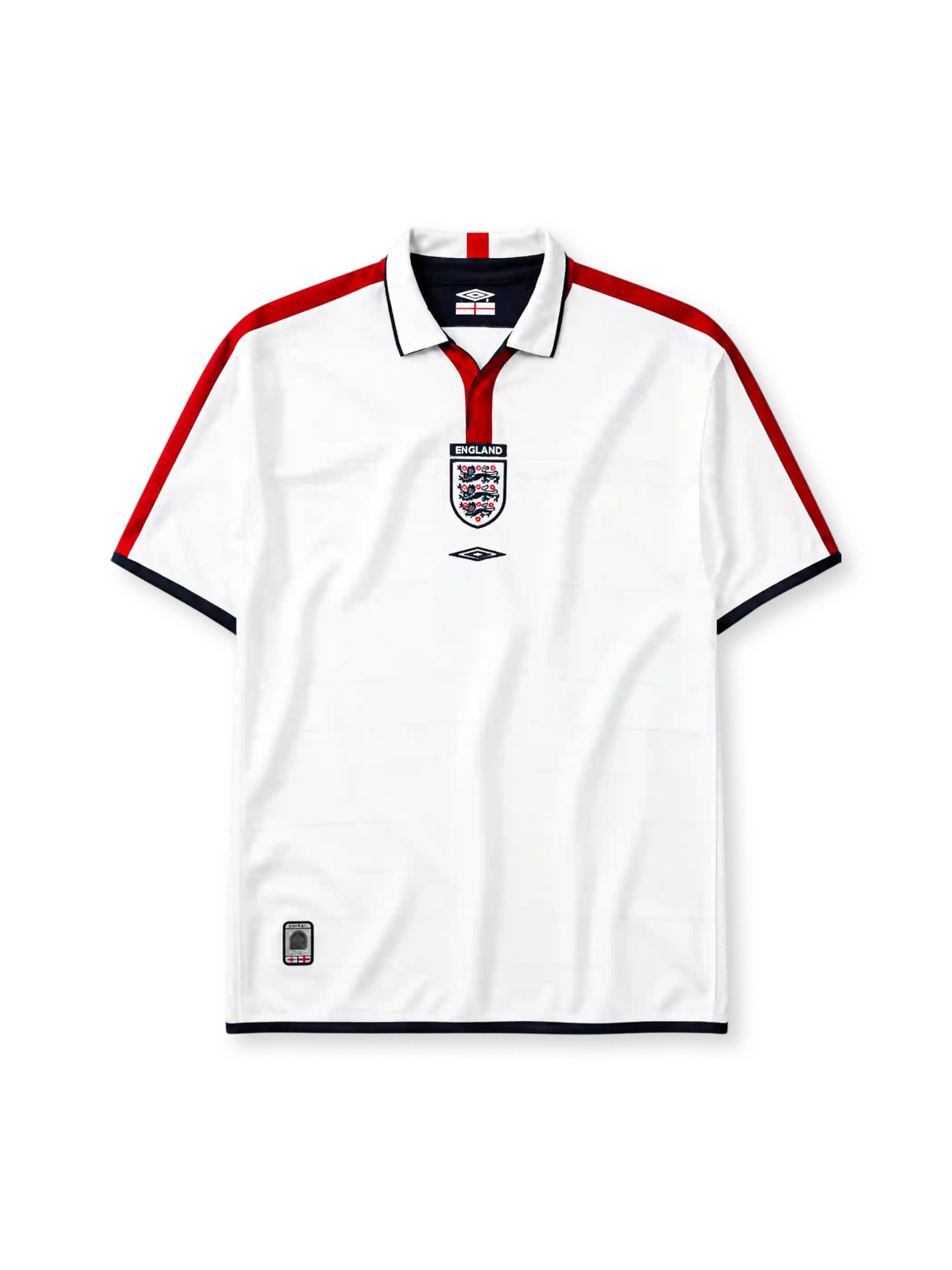 England 2004 home jersey, front view, white body with red shoulder stripes, white polo-style collar with red placket and navy trim, England text label, Three Lions crest, black Umbro diamond logo, navy trimmed cuffs