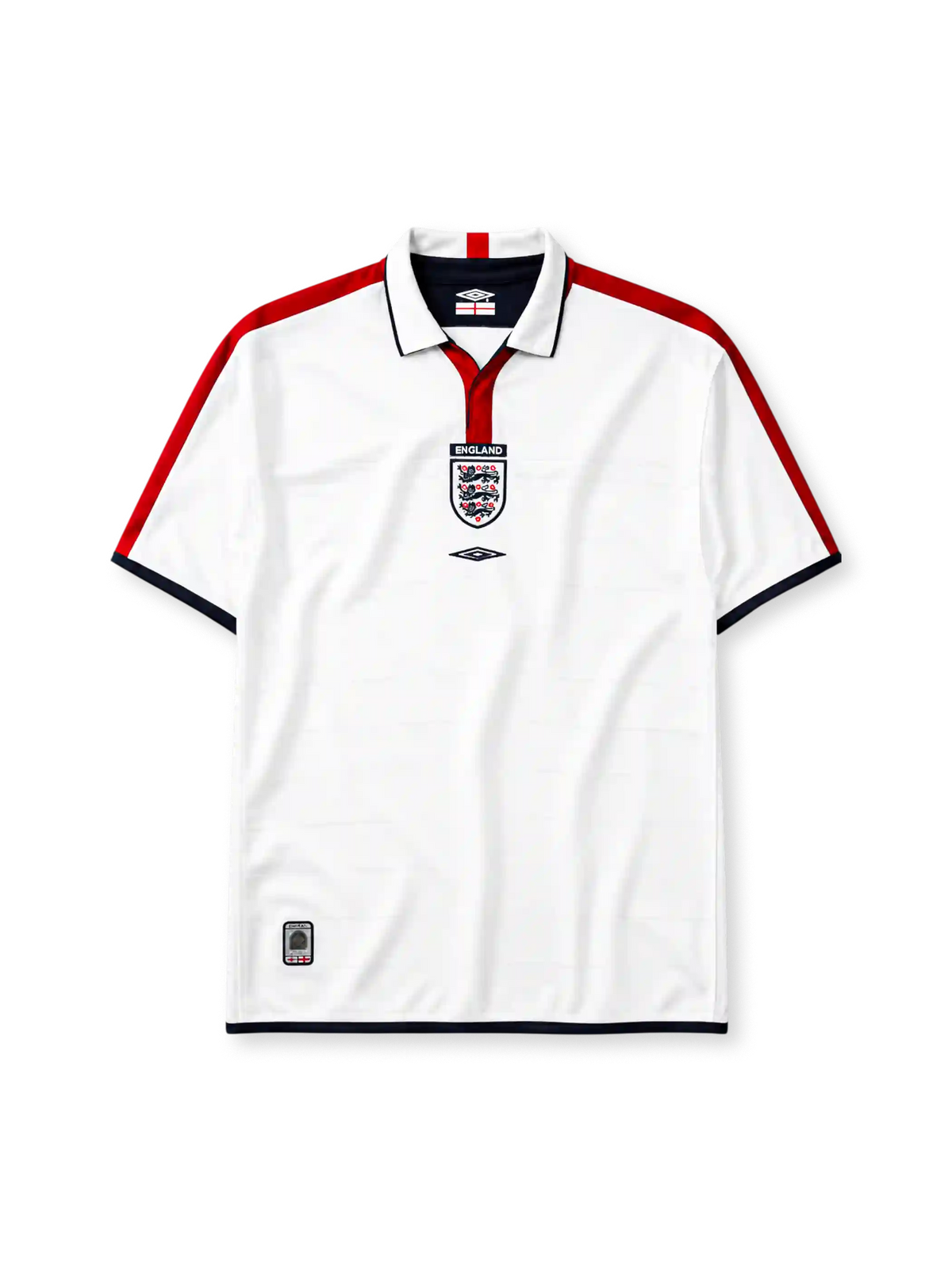 England 2004 home jersey, front view, white body with red shoulder stripes, white polo-style collar with red placket and navy trim, England text label, Three Lions crest, black Umbro diamond logo, navy trimmed cuffs