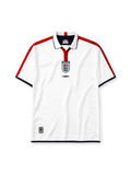 England 2004 home jersey, front view, white body with red shoulder stripes, white polo-style collar with red placket and navy trim, England text label, Three Lions crest, black Umbro diamond logo, navy trimmed cuffs