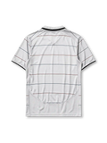 Barcelona 2003-04 away jersey, front view, white body with thin garnet and blue pinstripes, black polo-style collar and cuffs, black Nike swoosh, Barcelona crest