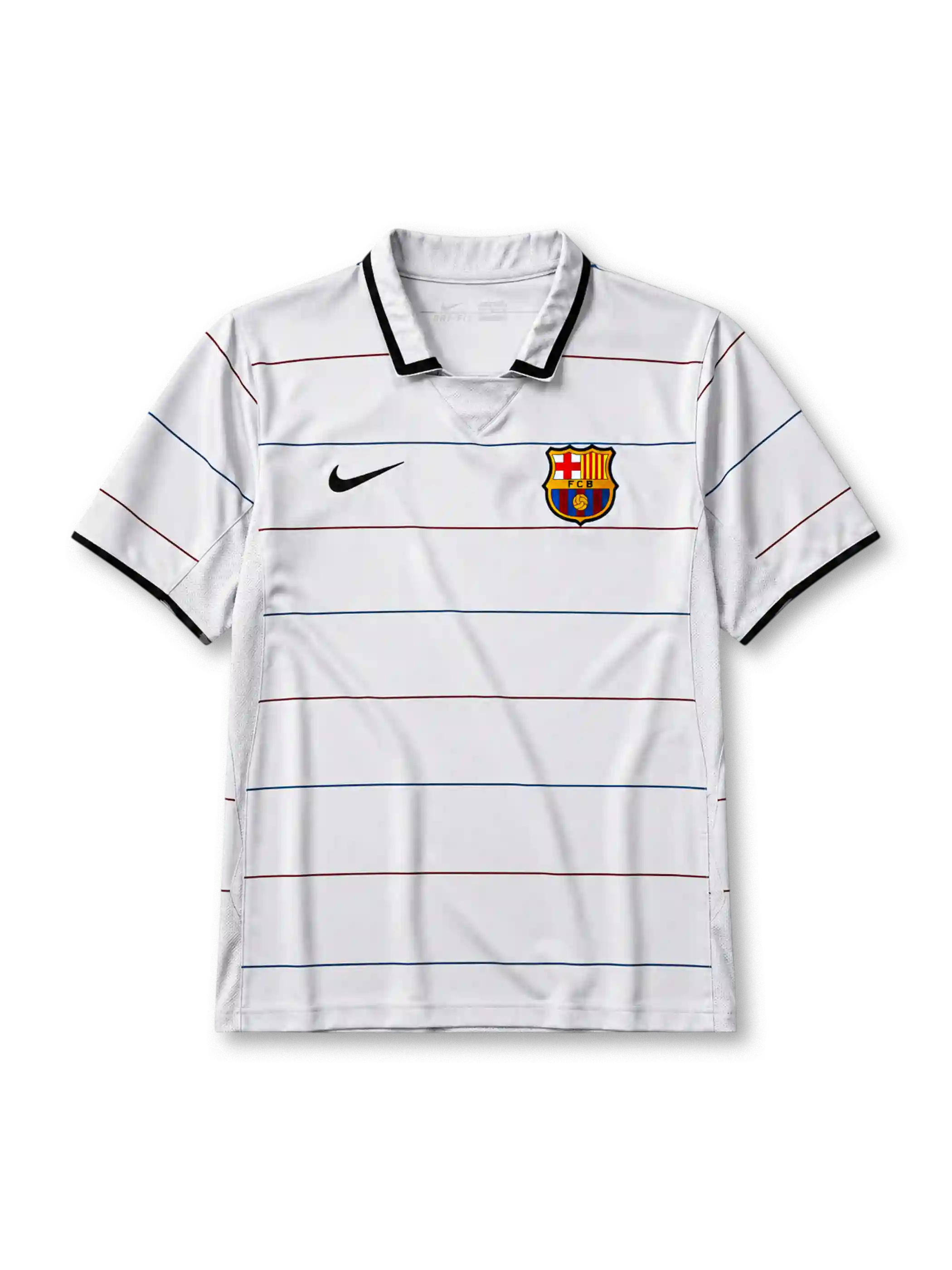Barcelona 2003-04 away jersey, front view, white body with thin garnet and blue pinstripes, black polo-style collar and cuffs, black Nike swoosh, Barcelona crest