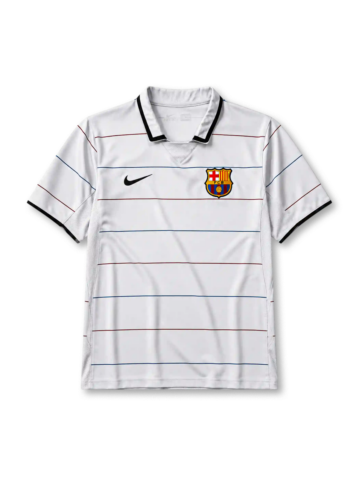 Barcelona 2003-04 away jersey, front view, white body with thin garnet and blue pinstripes, black polo-style collar and cuffs, black Nike swoosh, Barcelona crest