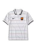 Barcelona 2003-04 away jersey, front view, white body with thin garnet and blue pinstripes, black polo-style collar and cuffs, black Nike swoosh, Barcelona crest