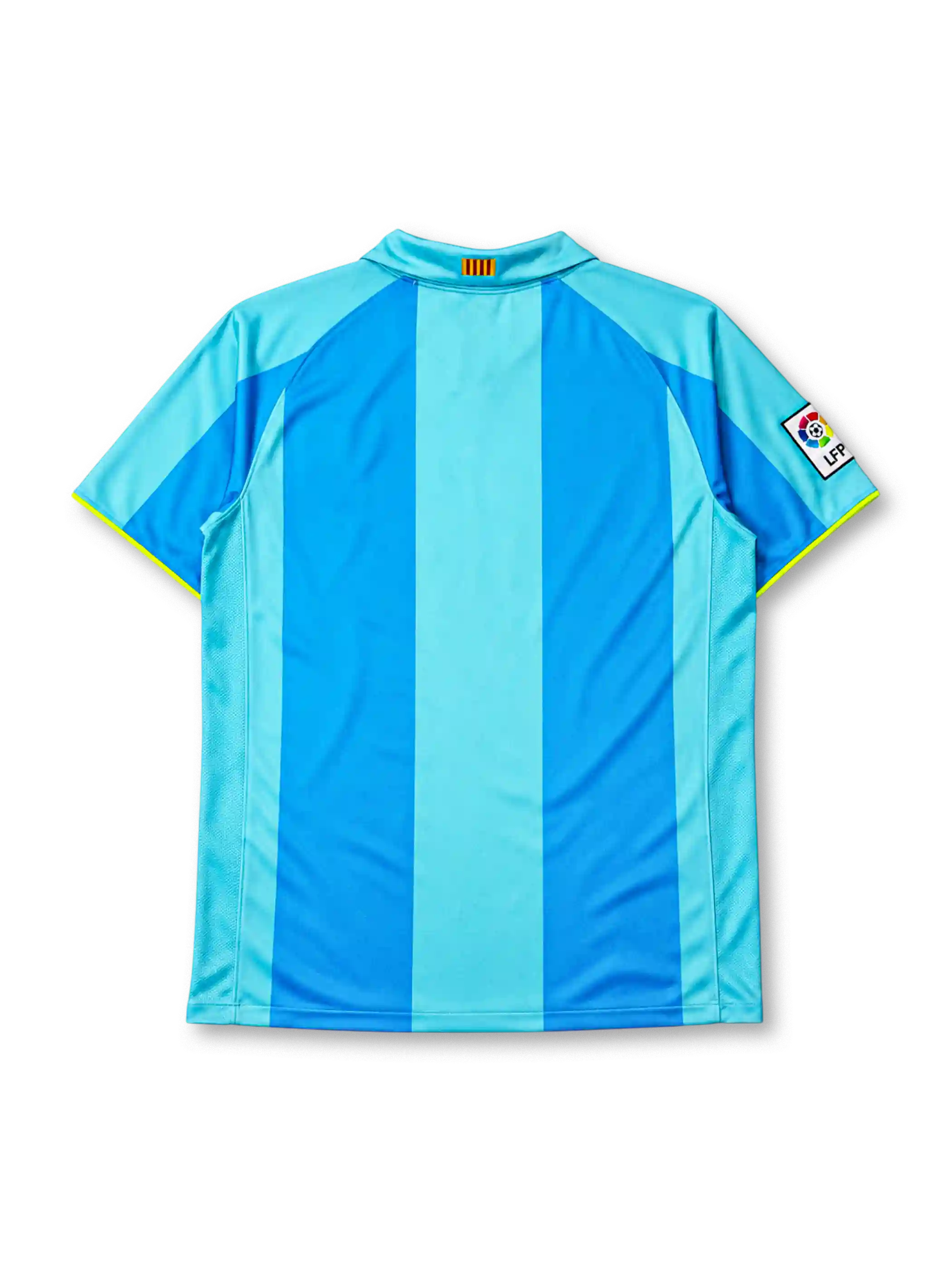 Barcelona 2007-08 away jersey, front view, two-tone sky blue vertical stripes, polo-style collar with green trim, yellow Nike swoosh, Camp Nou 1957-2007 anniversary crest, yellow unicef sponsor logo, La Liga patch on sleeve