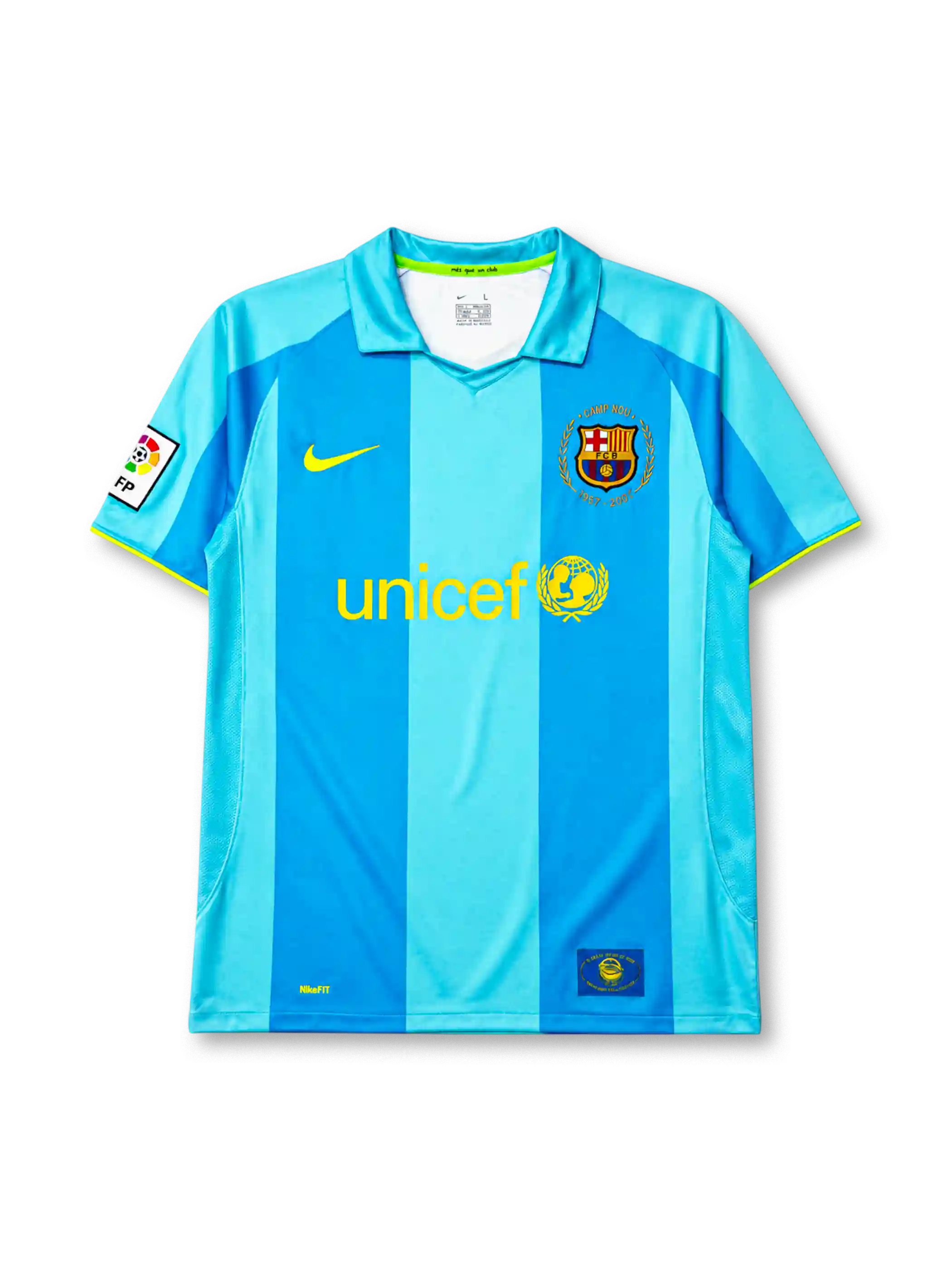 Barcelona 2007-08 away jersey, front view, two-tone sky blue vertical stripes, polo-style collar with green trim, yellow Nike swoosh, Camp Nou 1957-2007 anniversary crest, yellow unicef sponsor logo, La Liga patch on sleeve